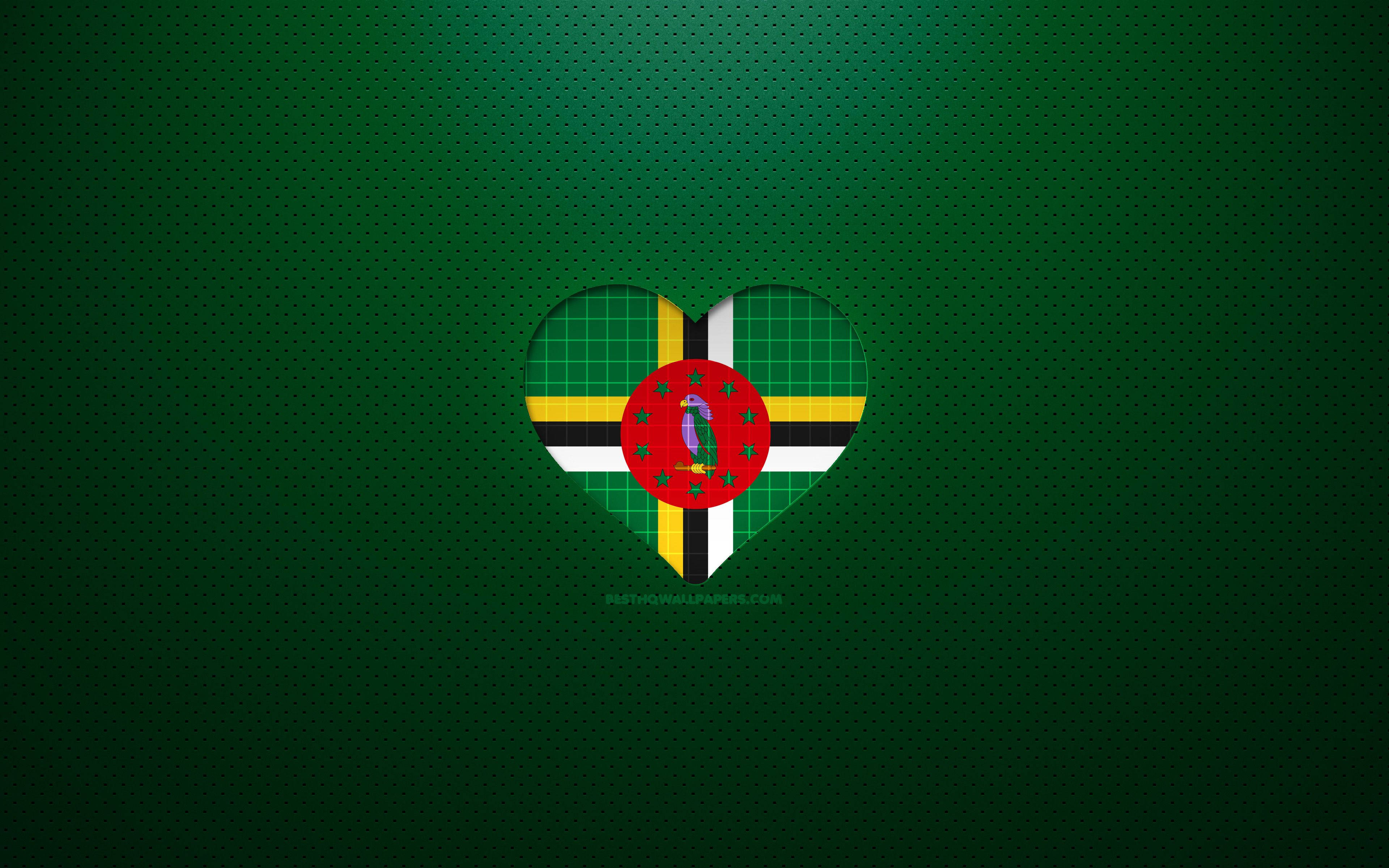 Dominica, heart-shaped flag, dark green perforated background, 4K Desktop Wallpaper