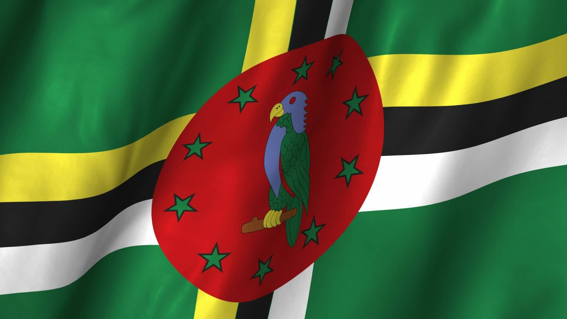 Dominica, green yellow black and white stripes, red disc, Full HD Desktop Wallpaper