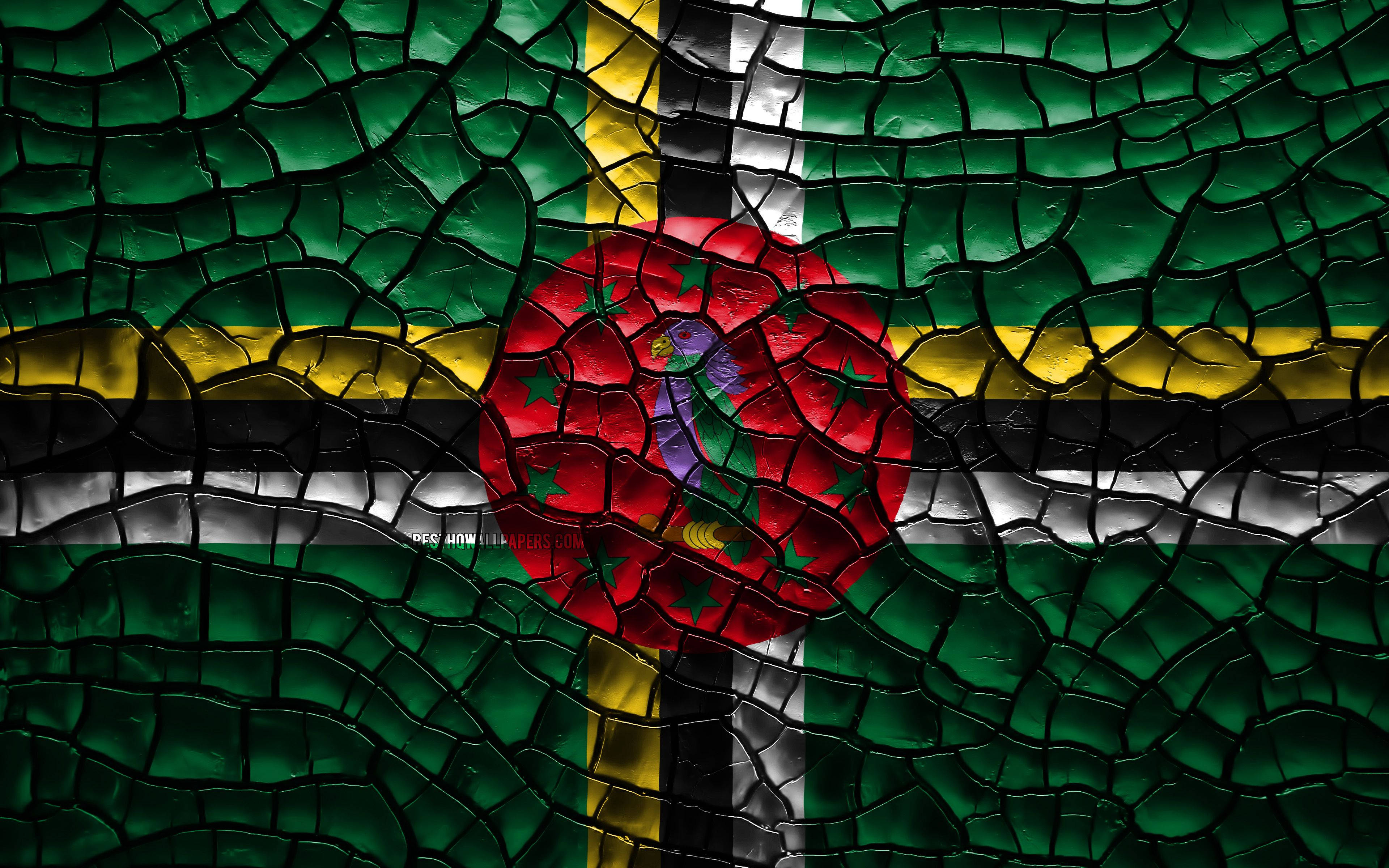 flag of Dominica, cracked glass mosaic effect, vibrant green, 4K Desktop Wallpaper
