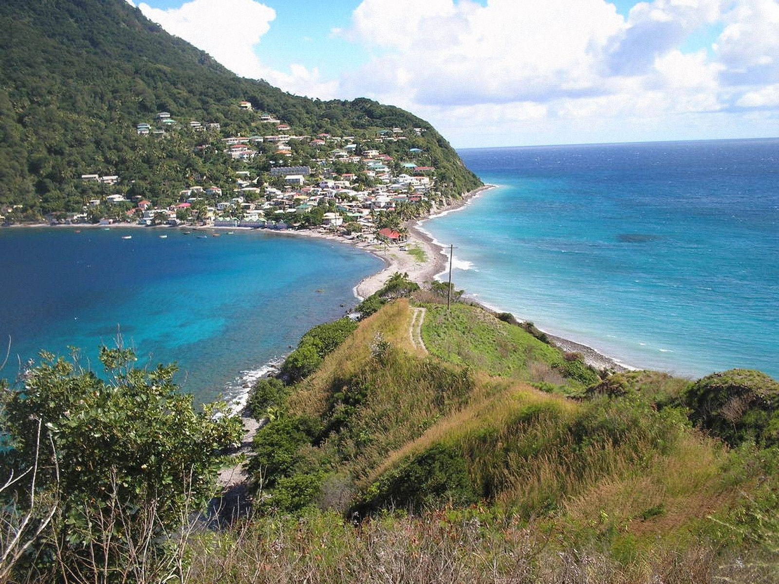 Dominica, coastal village, lush green hillside, HD Desktop Wallpaper