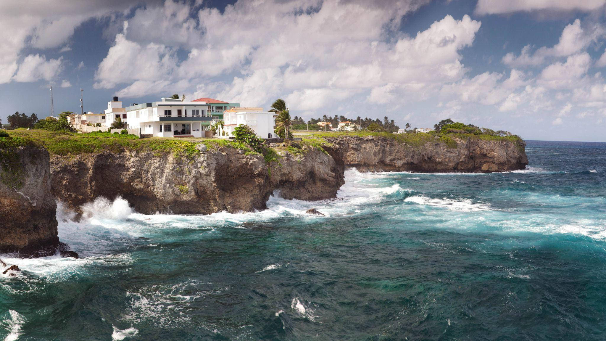 Dominican Republic, cliffside house, turquoise waves, Full HD Desktop Wallpaper