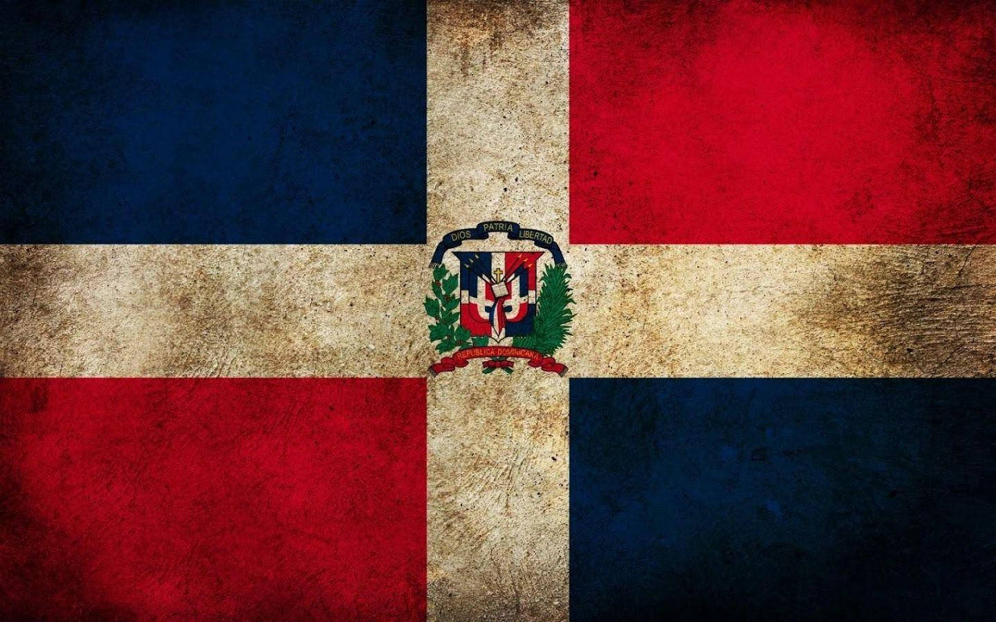 Dominican Republic flag, red blue and white stripes, central coat of arms, HD Desktop Wallpaper