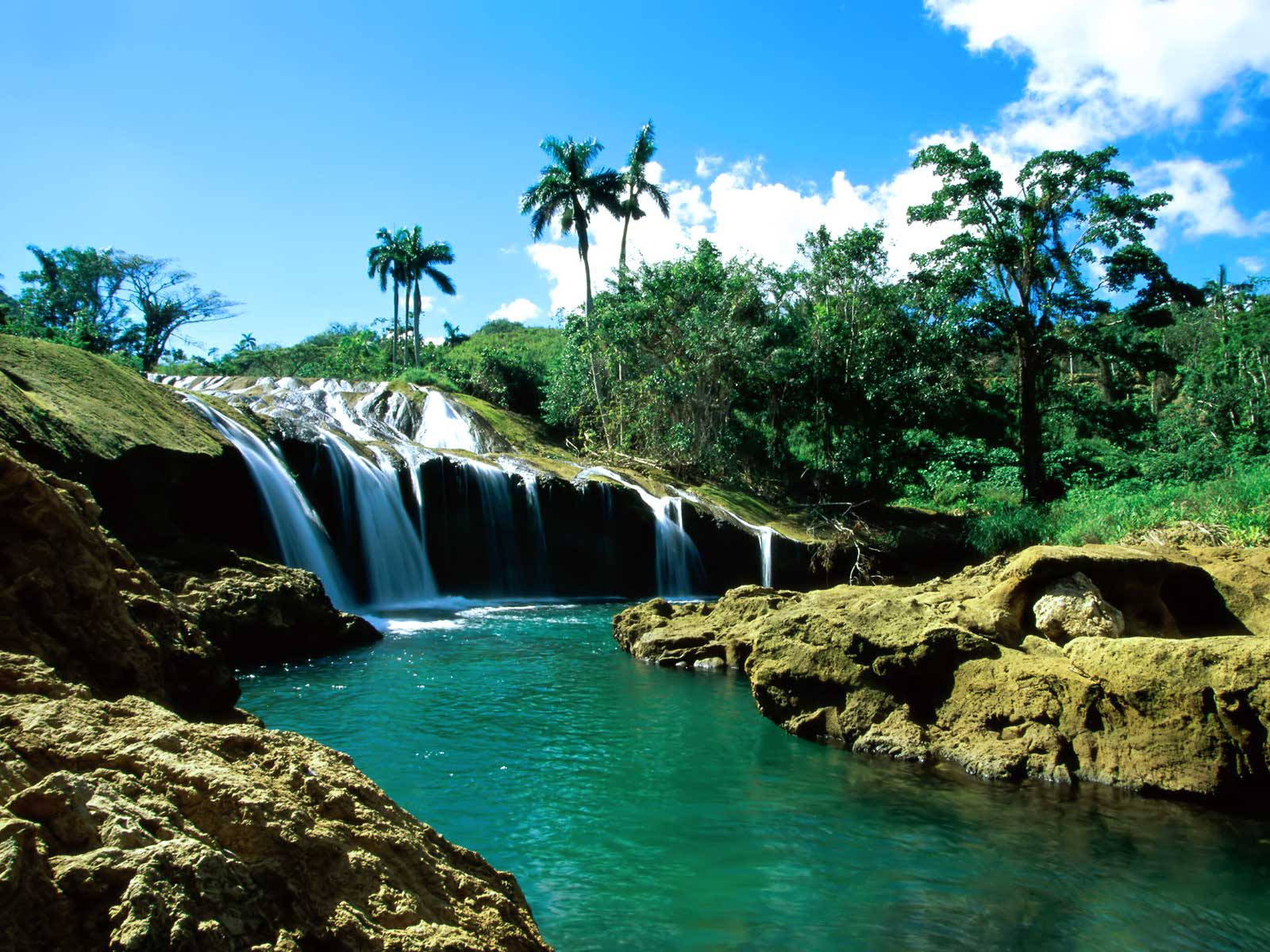Dominican Republic, waterfall, mossy rocks, HD Desktop Wallpaper