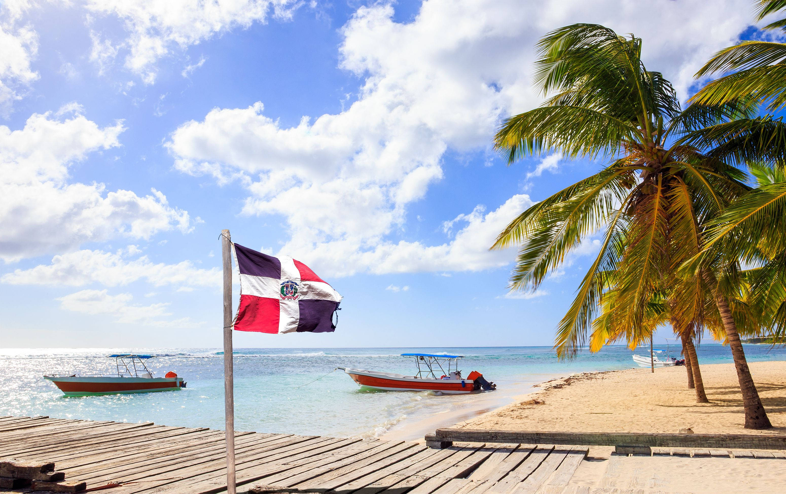 Dominican Republic, Dominican flag, wooden pier, 2K Desktop Wallpaper