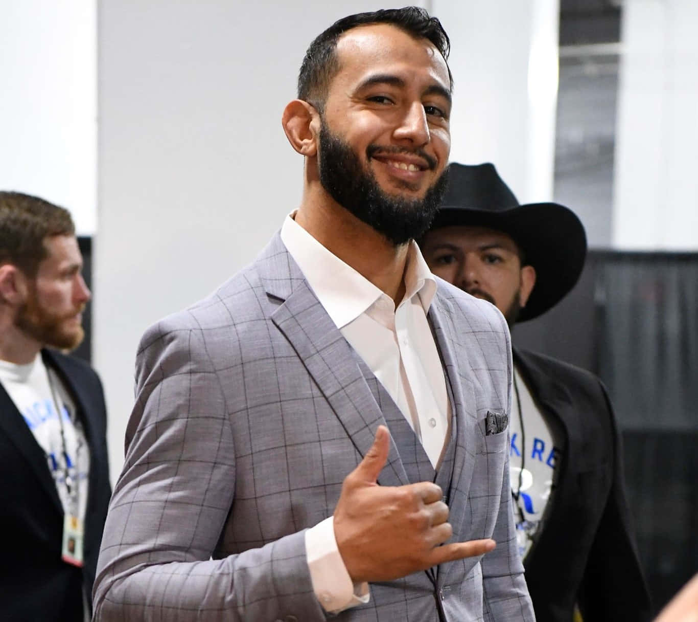 Dominick Reyes, gray checkered suit, thumbs up gesture, HD Desktop Wallpaper