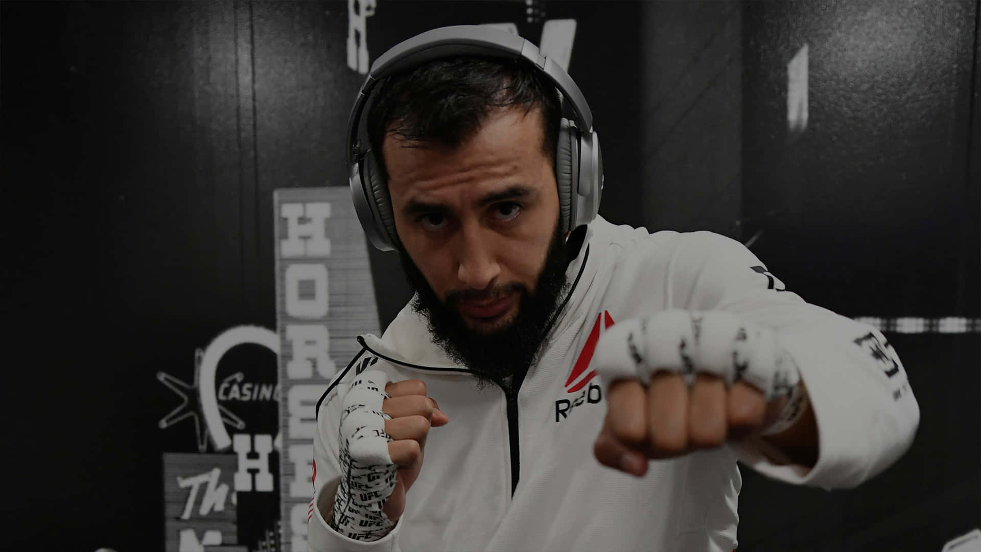 Dominick Reyes, white gi, headphones, Full HD Desktop Wallpaper