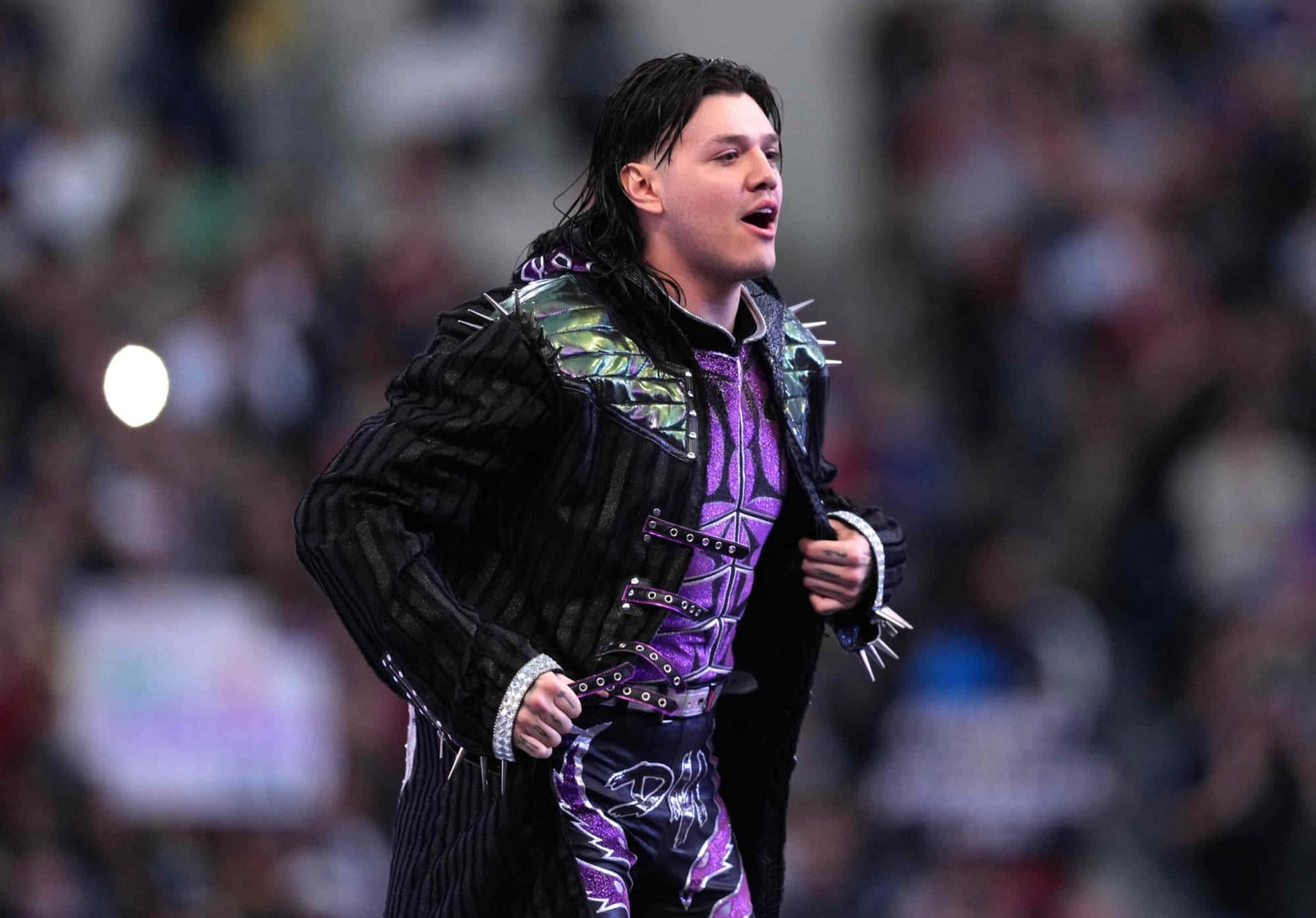 Dominik Mysterio, purple and black spiked outfit, intense expression, Full HD Desktop Wallpaper