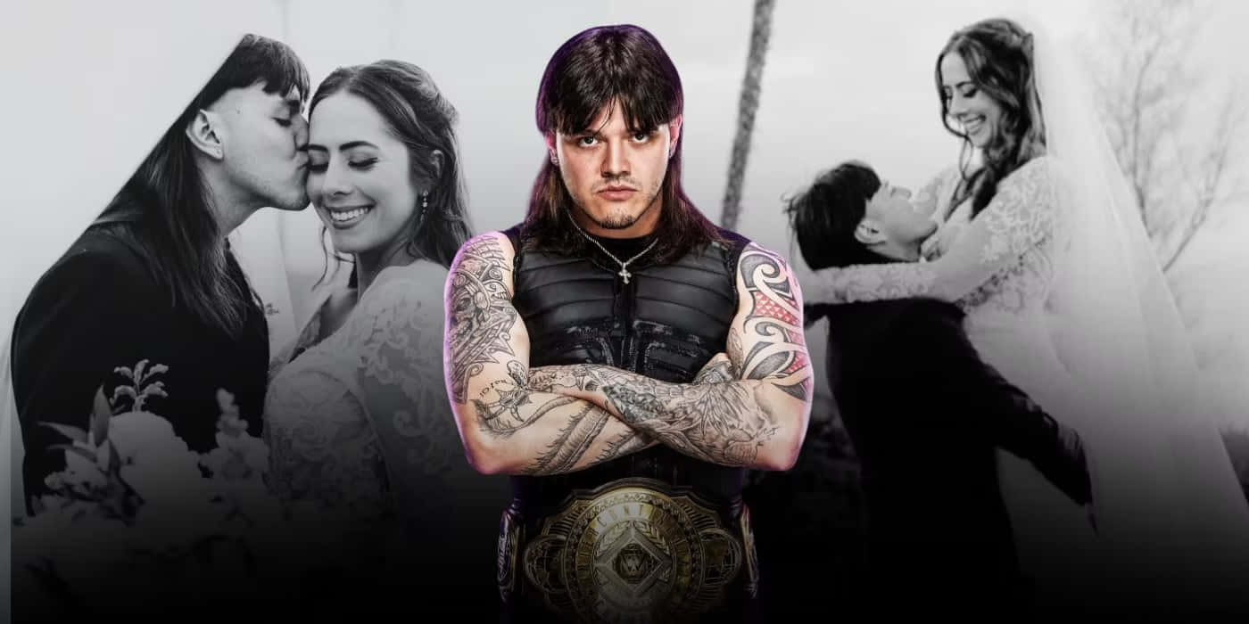 Dominik Mysterio, championship belt, faded black and white wedding photos, HD Desktop Wallpaper