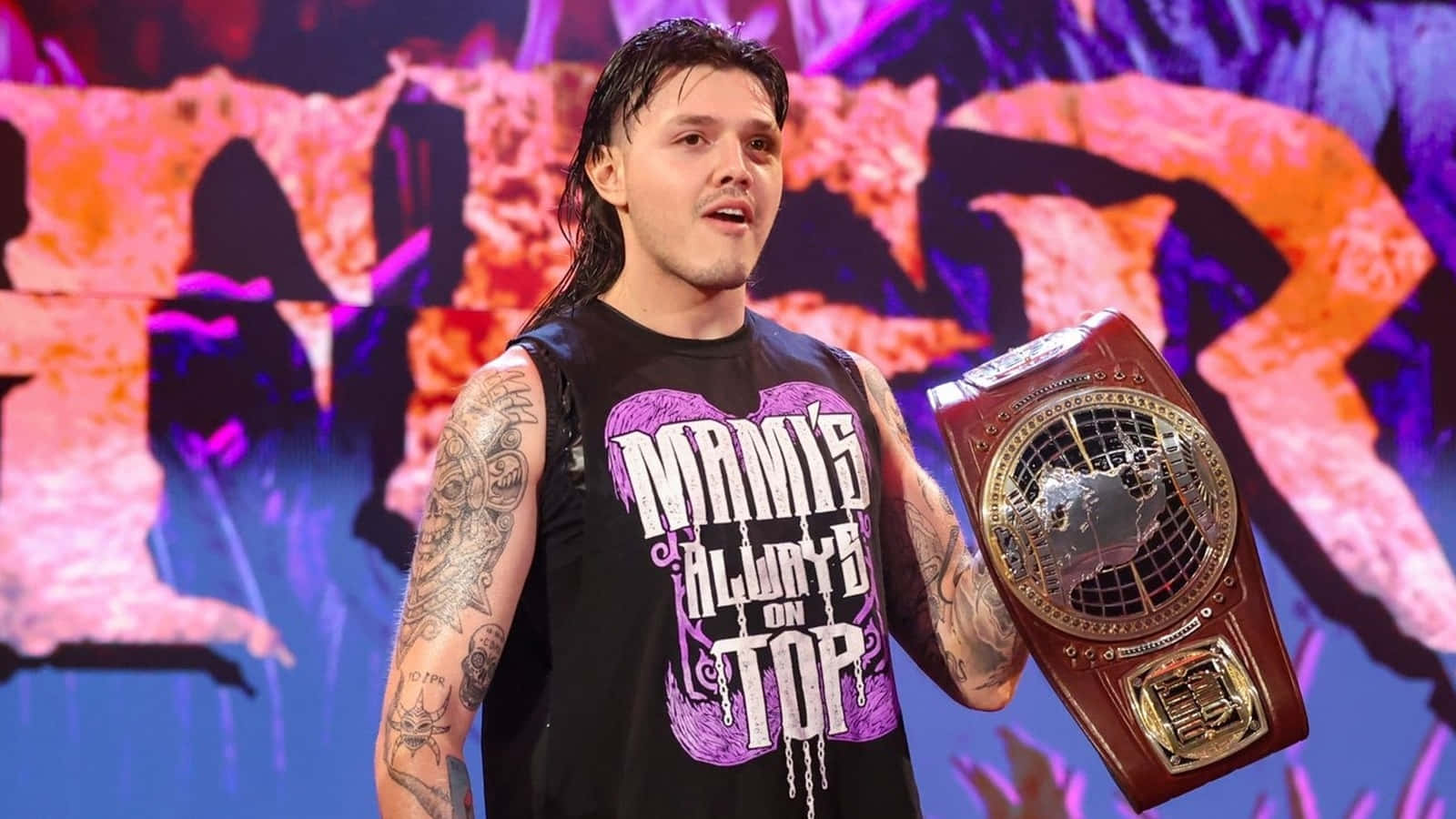 Dominik Mysterio, championship belt, vibrant purple and orange stage backdrop, HD Desktop Wallpaper
