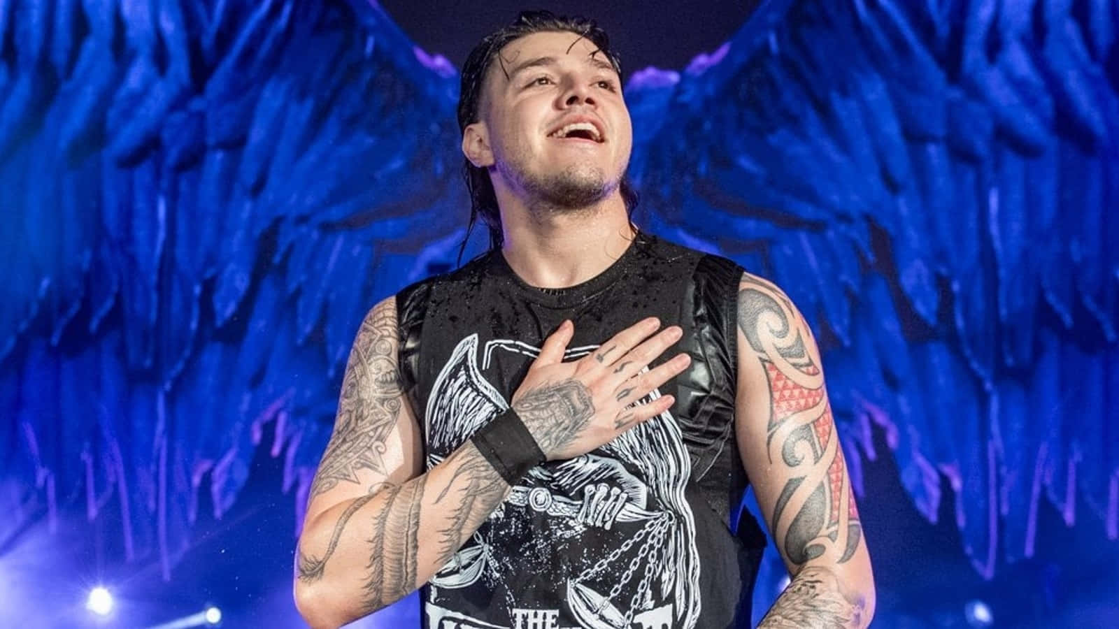Dominik Mysterio, blue-lit stage, dramatic lighting, HD Desktop Wallpaper