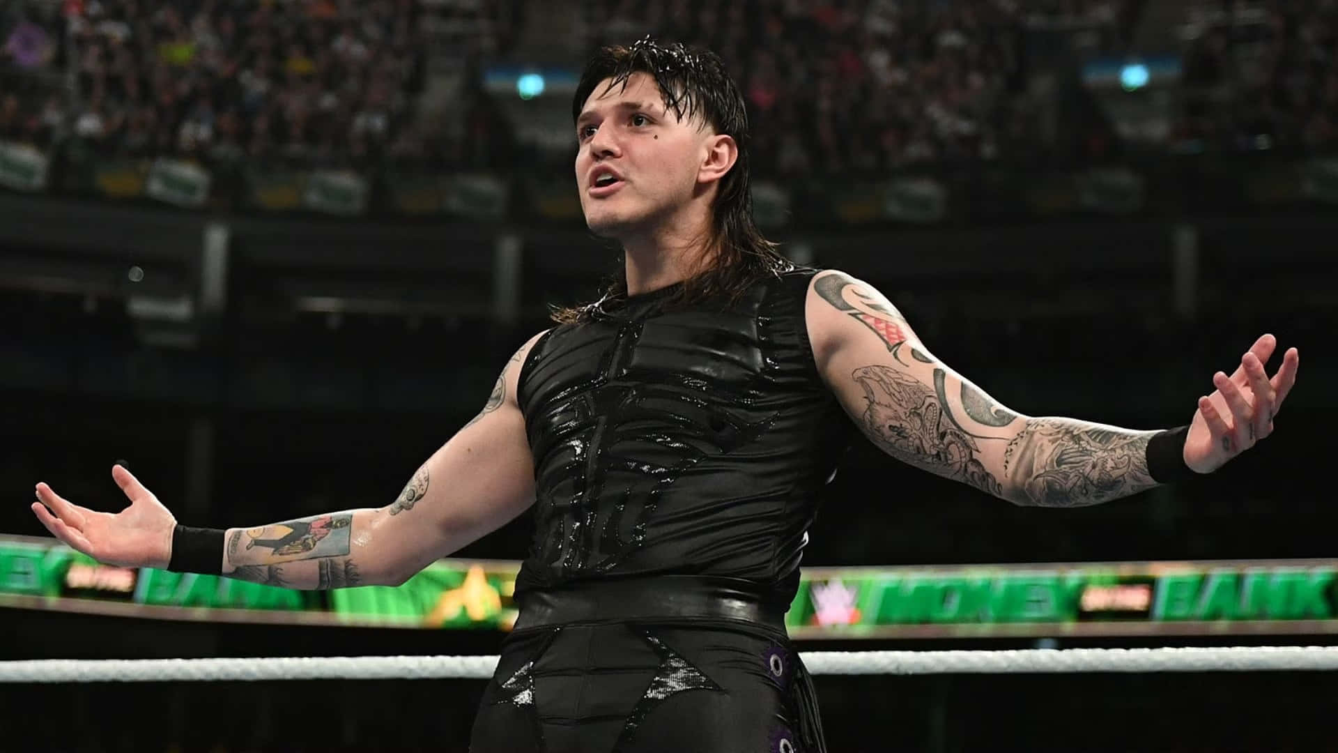 Dominik Mysterio, wrestling match pose, tattooed arms, Full HD Desktop Wallpaper