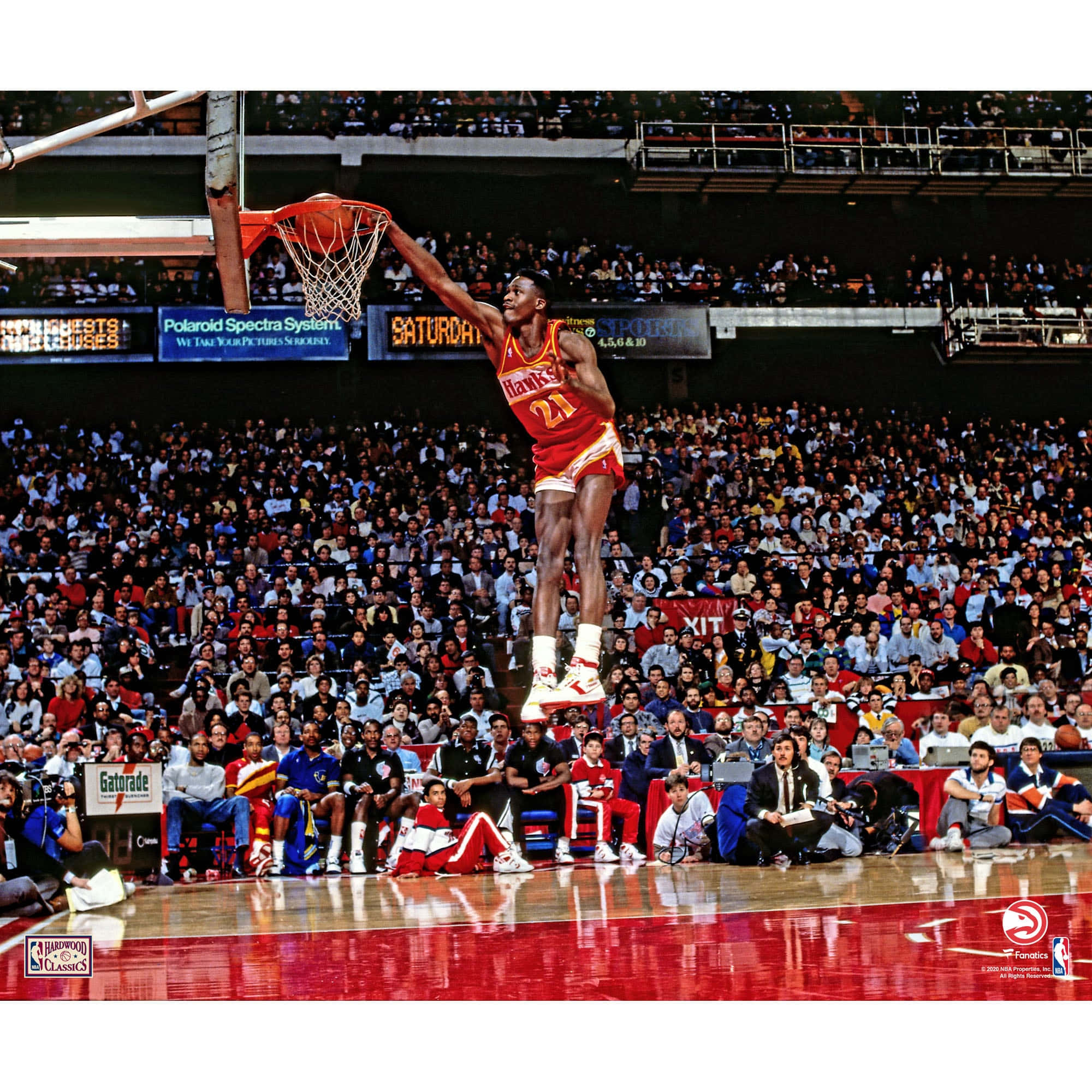 Dominique Wilkins, red Atlanta Hawks jersey, slam dunk, Full HD Desktop Wallpaper