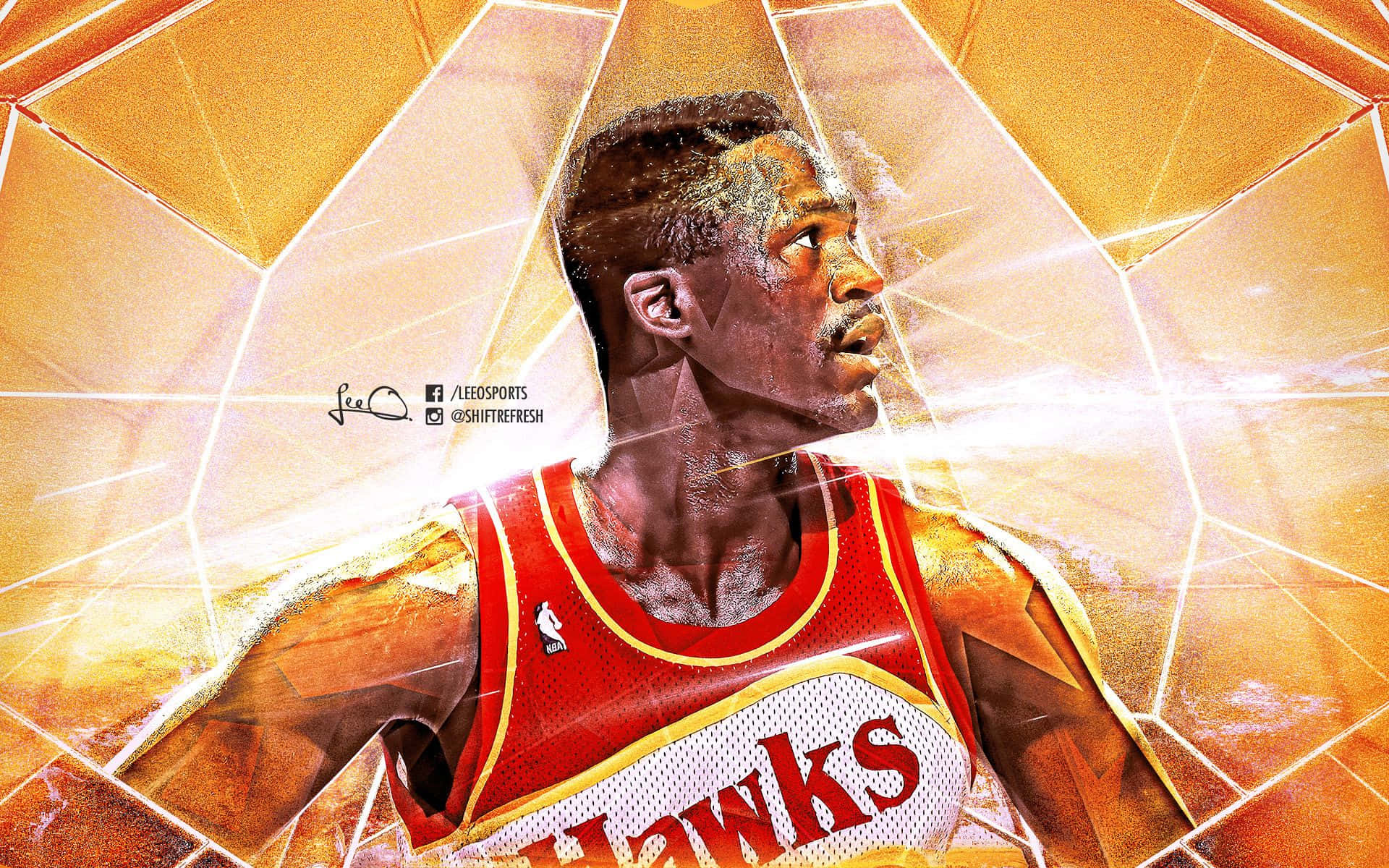 Dominique Wilkins, red Hawks jersey, radiant golden geometric background, Full HD Desktop Wallpaper