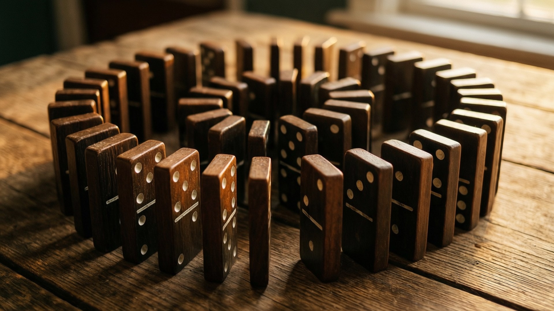 spiral domino arrangement, dark wooden dominoes, rustic wooden table, Full HD Desktop Wallpaper