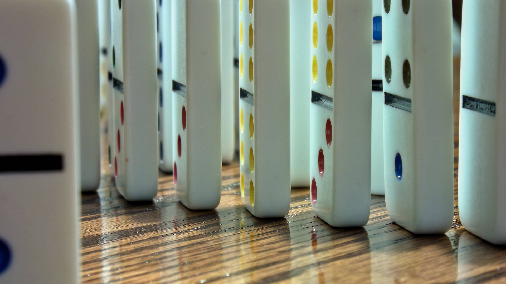 colorful dots, white dominoes, polished wooden floor, Full HD Desktop Wallpaper