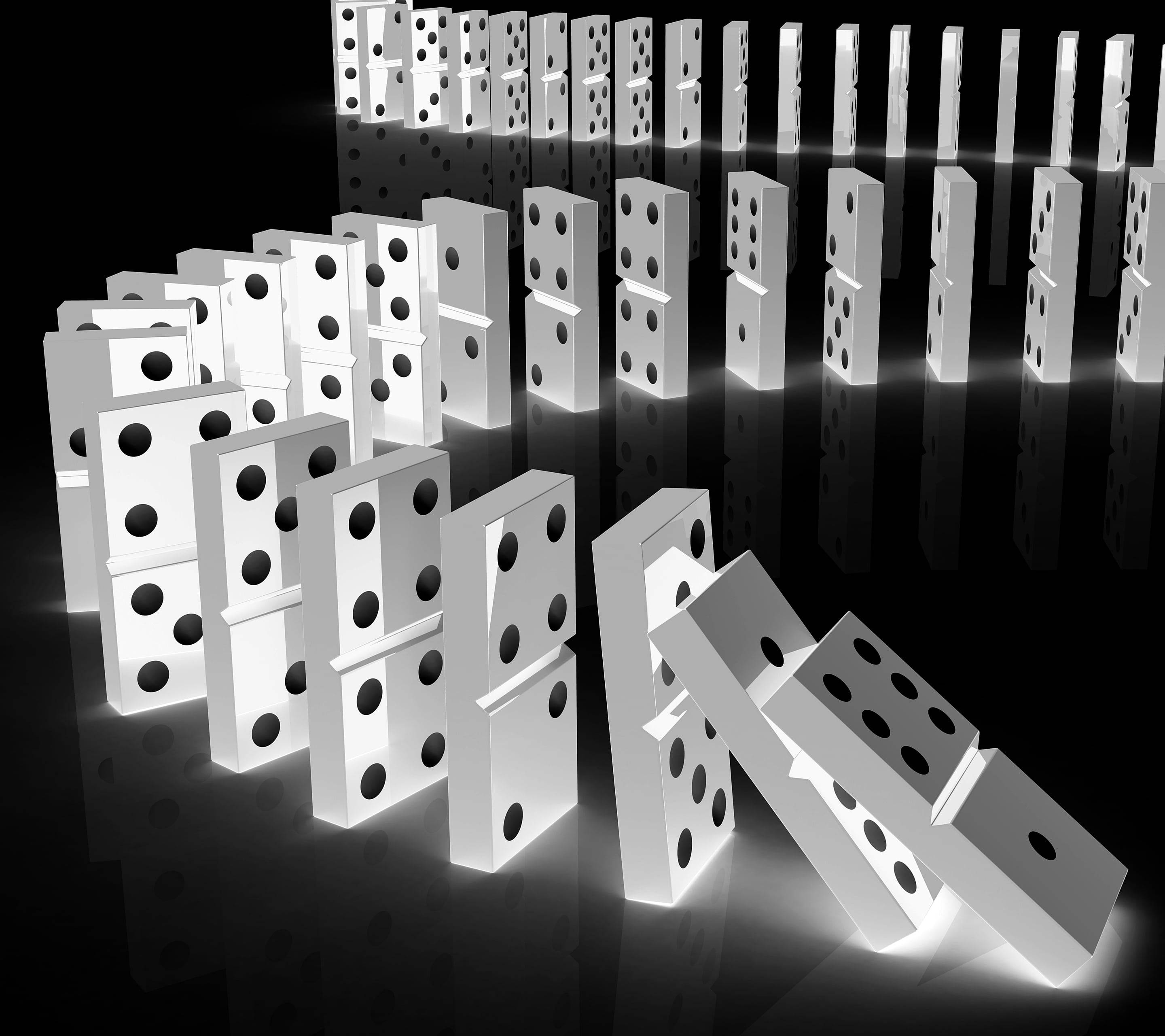 white dominoes, reflective black surface, bright studio lighting, 2K Desktop Wallpaper