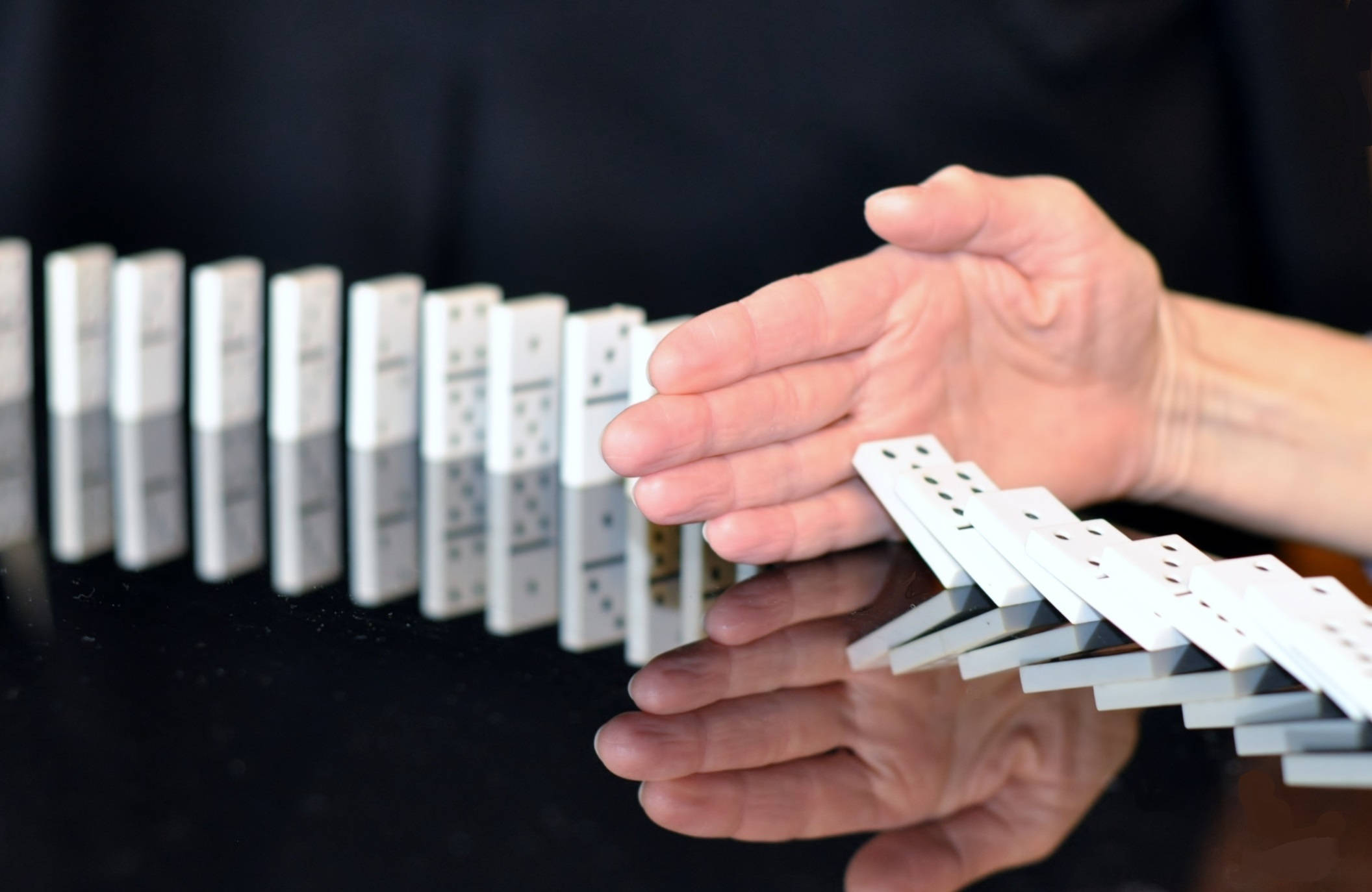 Domino, hand, reflective black surface, Full HD Desktop Wallpaper