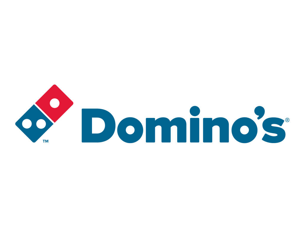 Dominos Pizza, red and blue domino tiles, bold blue text, SD Desktop Wallpaper