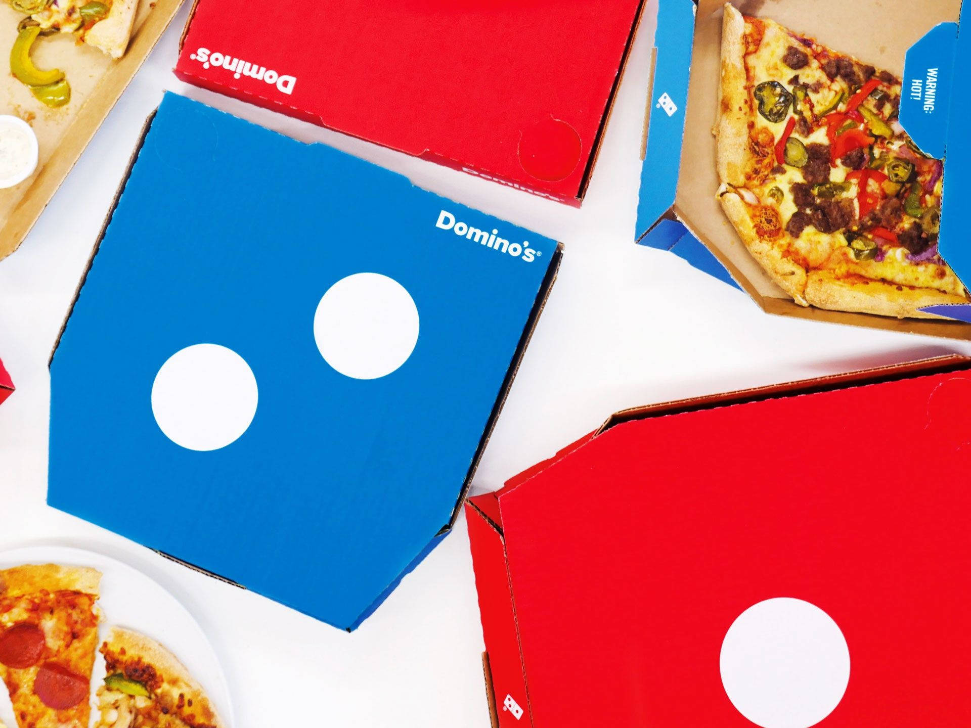 Dominos Pizza, pizza boxes, colorful toppings, Full HD Desktop Wallpaper