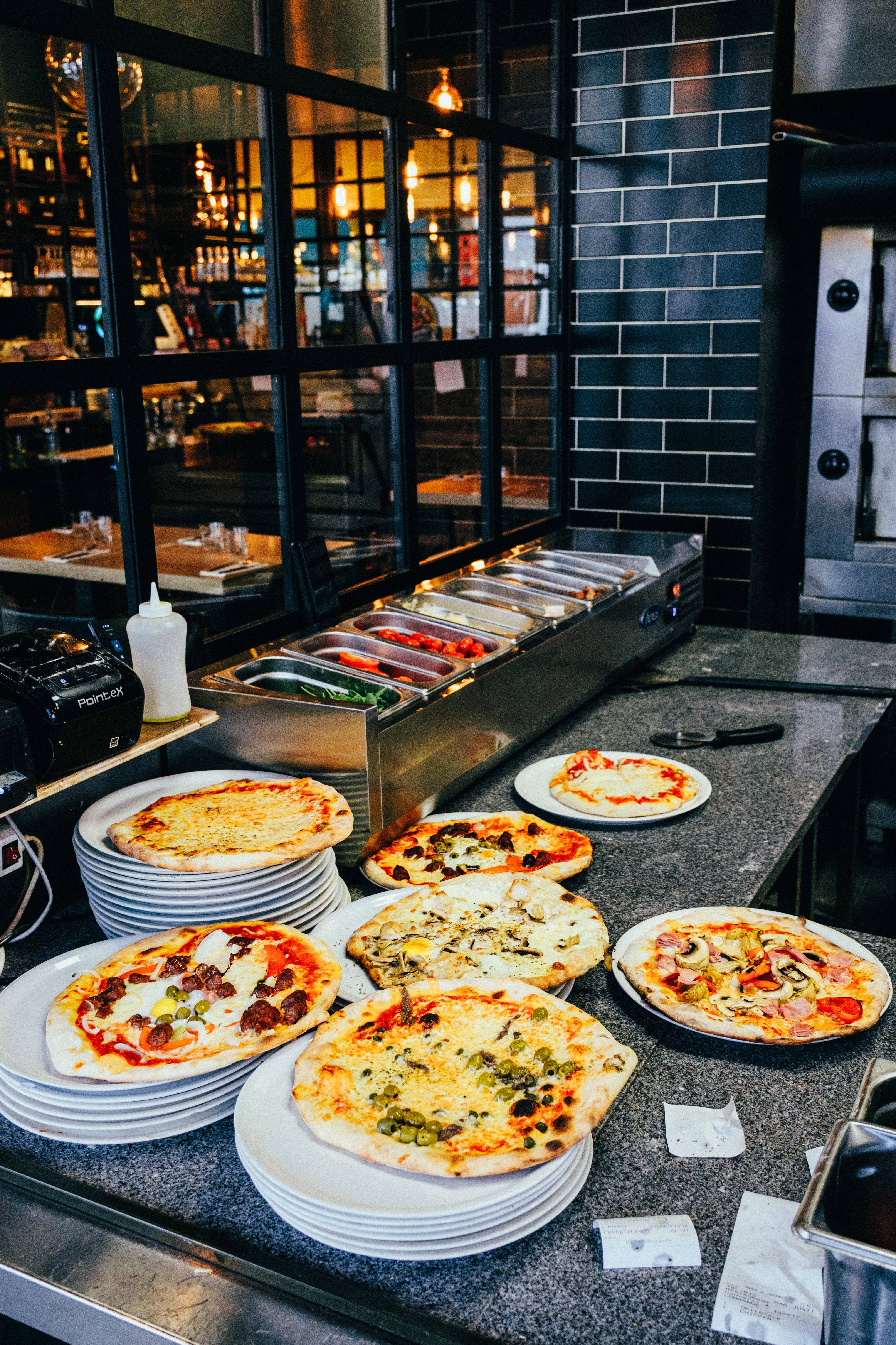 Dominos Pizza, stainless steel buffet station, modern pizzeria, 5K Phone Wallpaper