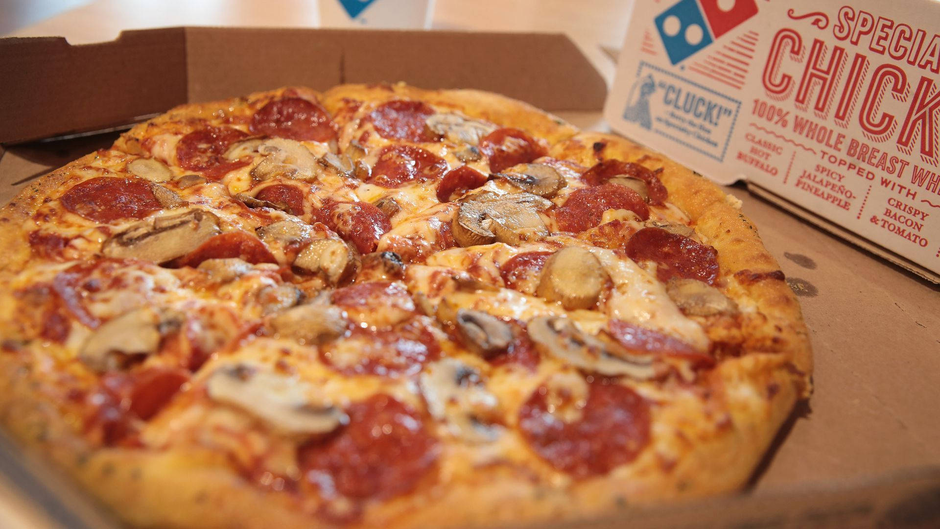 Dominos Pizza, pepperoni and mushroom pizza, melted cheese, Full HD Desktop Wallpaper