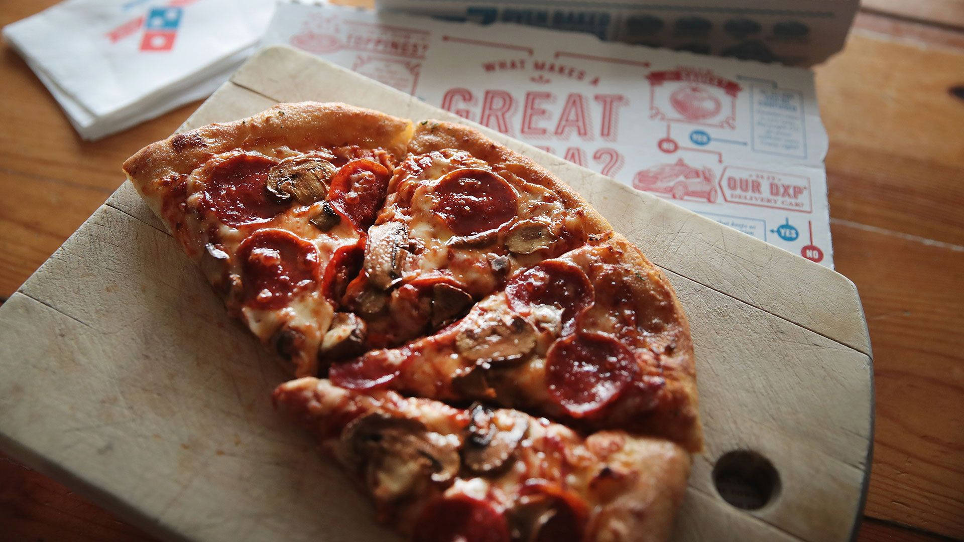 Dominos Pizza, pepperoni and mushroom pizza, wooden cutting board, Full HD Desktop Wallpaper