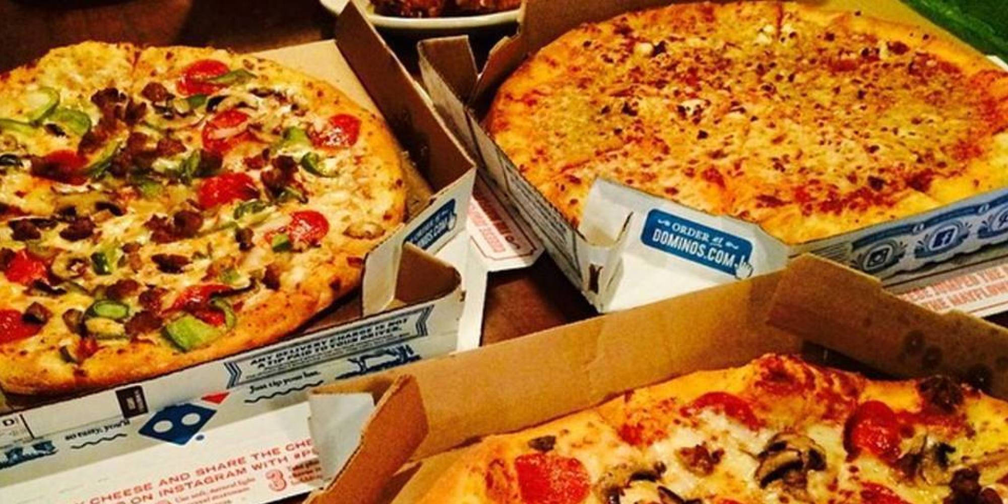 Dominos Pizza, regular pizza boxes, cheesy pepperoni sausage and mushroom pizzas, Full HD Desktop Wallpaper