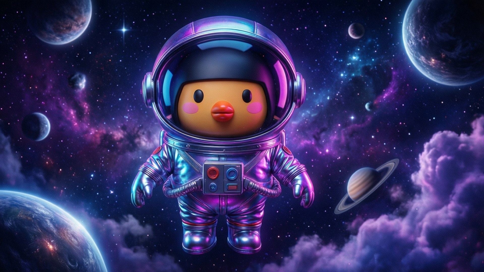 Cosmic Domo, shiny purple astronaut suit, colorful planets, Full HD Desktop Wallpaper
