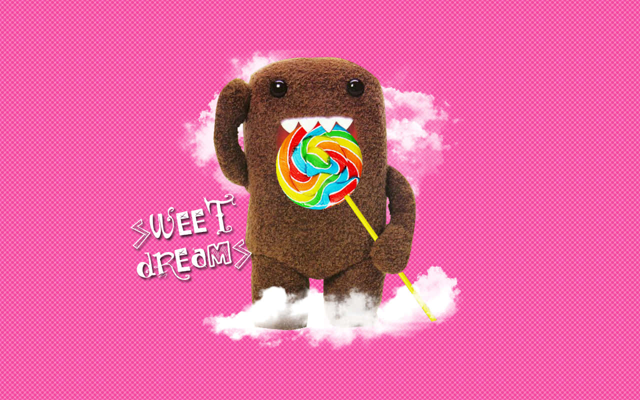 Domo, rainbow lollipop, bright pink halftone background, HD Desktop Wallpaper