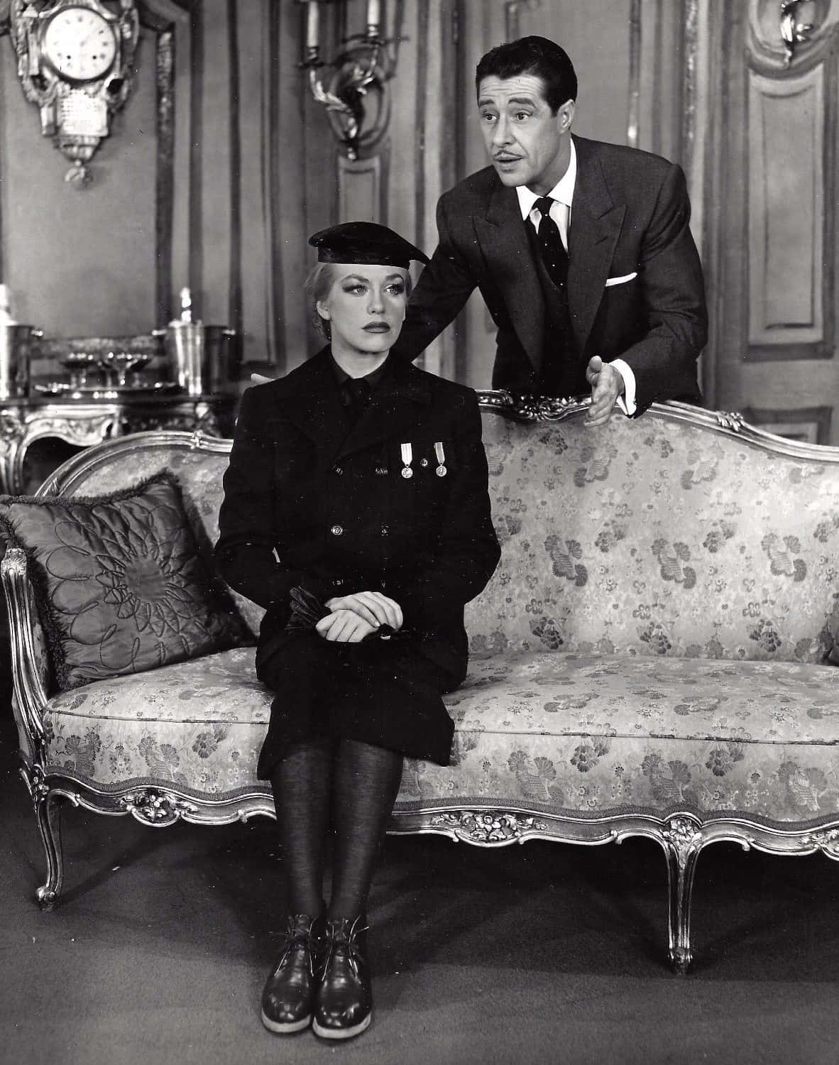 Don Ameche, black uniform, ornate floral sofa, HD Phone Wallpaper