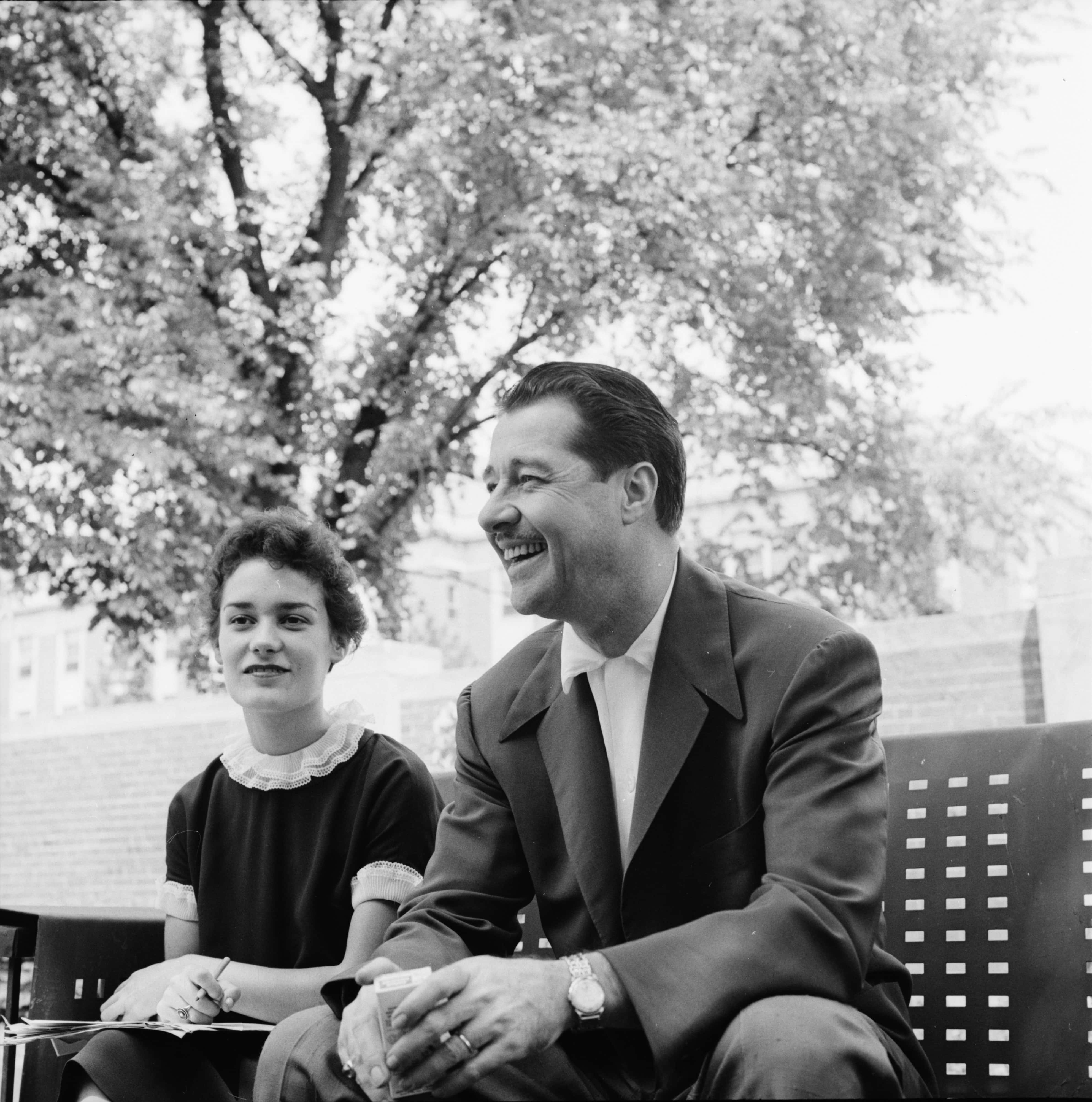 Don Ameche, vintage black and white photograph, bench, 4K Phone Wallpaper