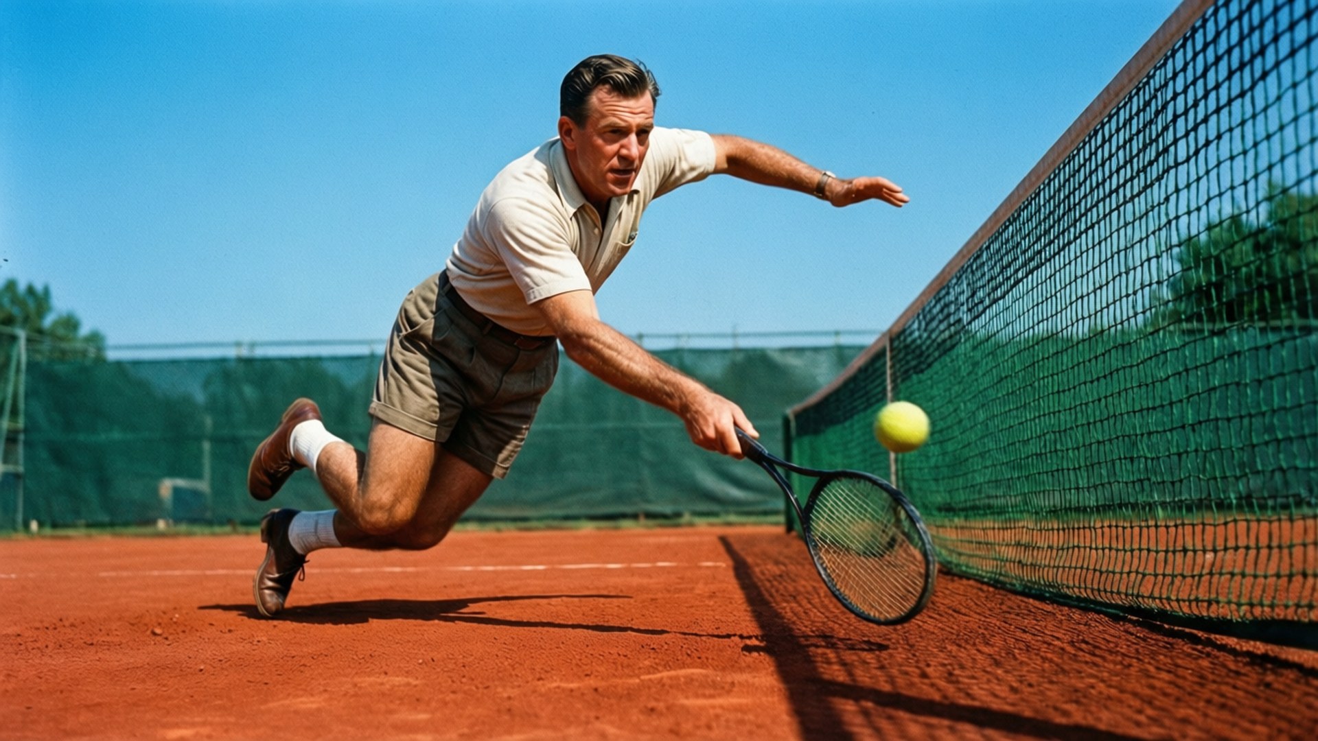 Don Budge, volley lunge, red clay, Full HD Desktop Wallpaper