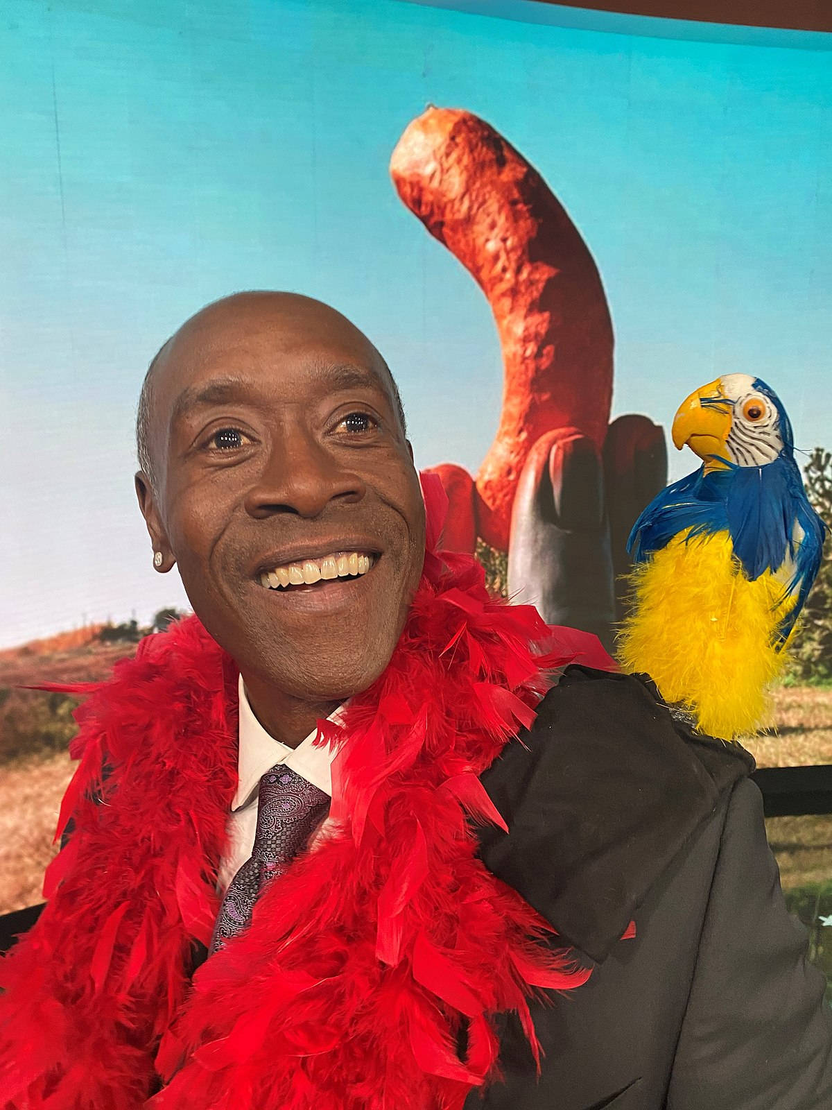 Don Cheadle, red feather boa, blue and yellow parrot, HD Phone Wallpaper
