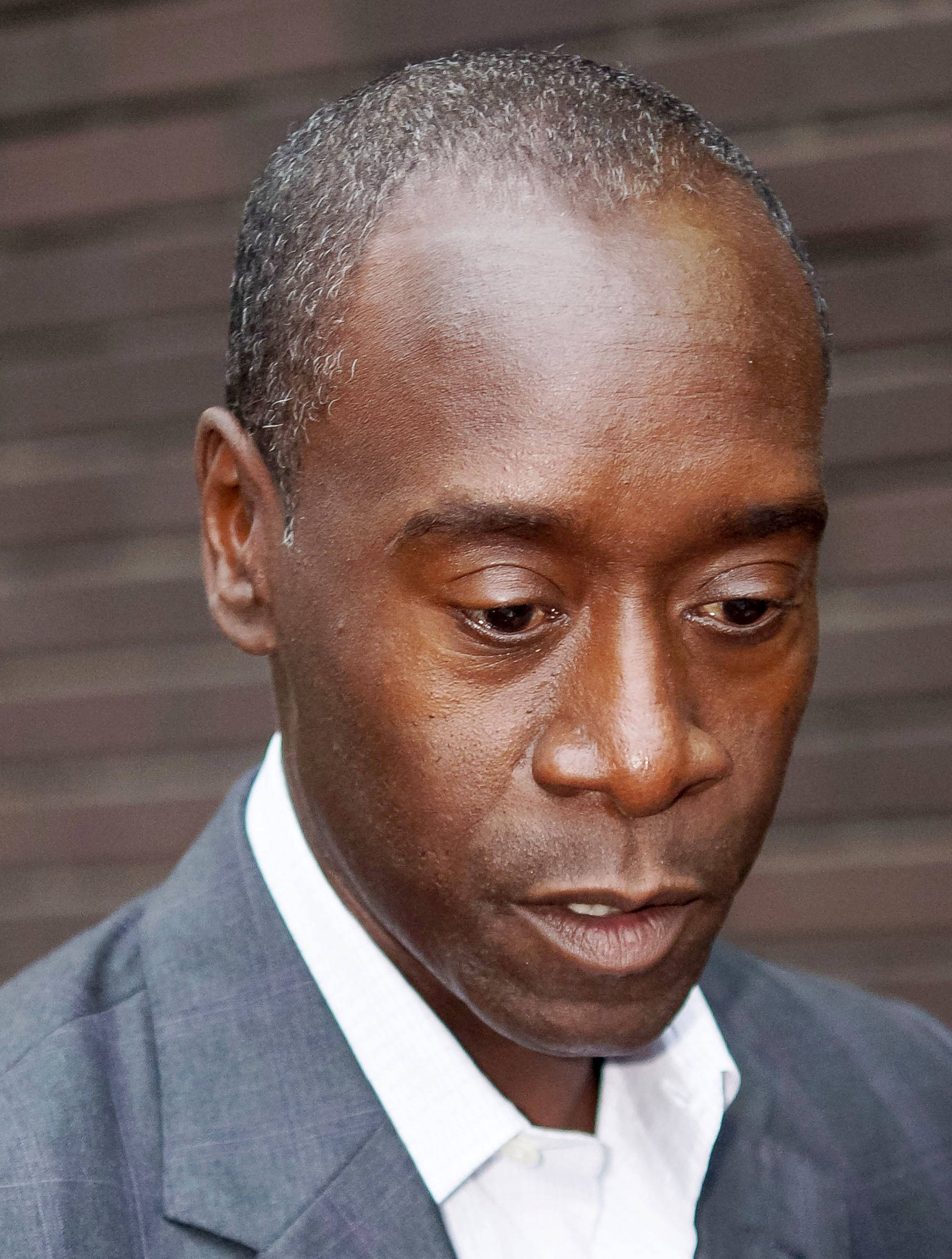 Don Cheadle, gray suit, wooden slat background, 2K Phone Wallpaper