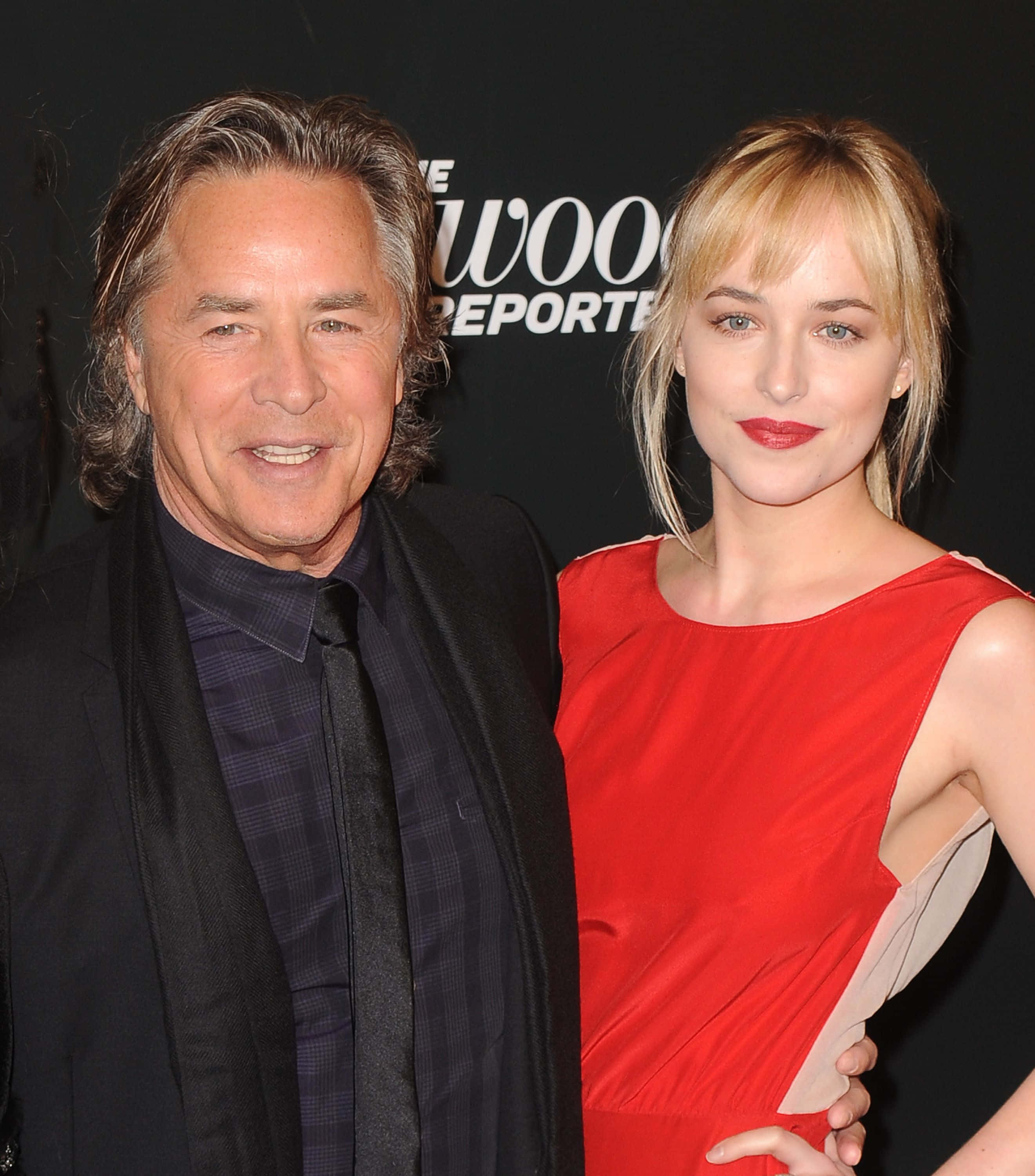 Don Johnson, dark suit, vibrant red dress, 2K Phone Wallpaper