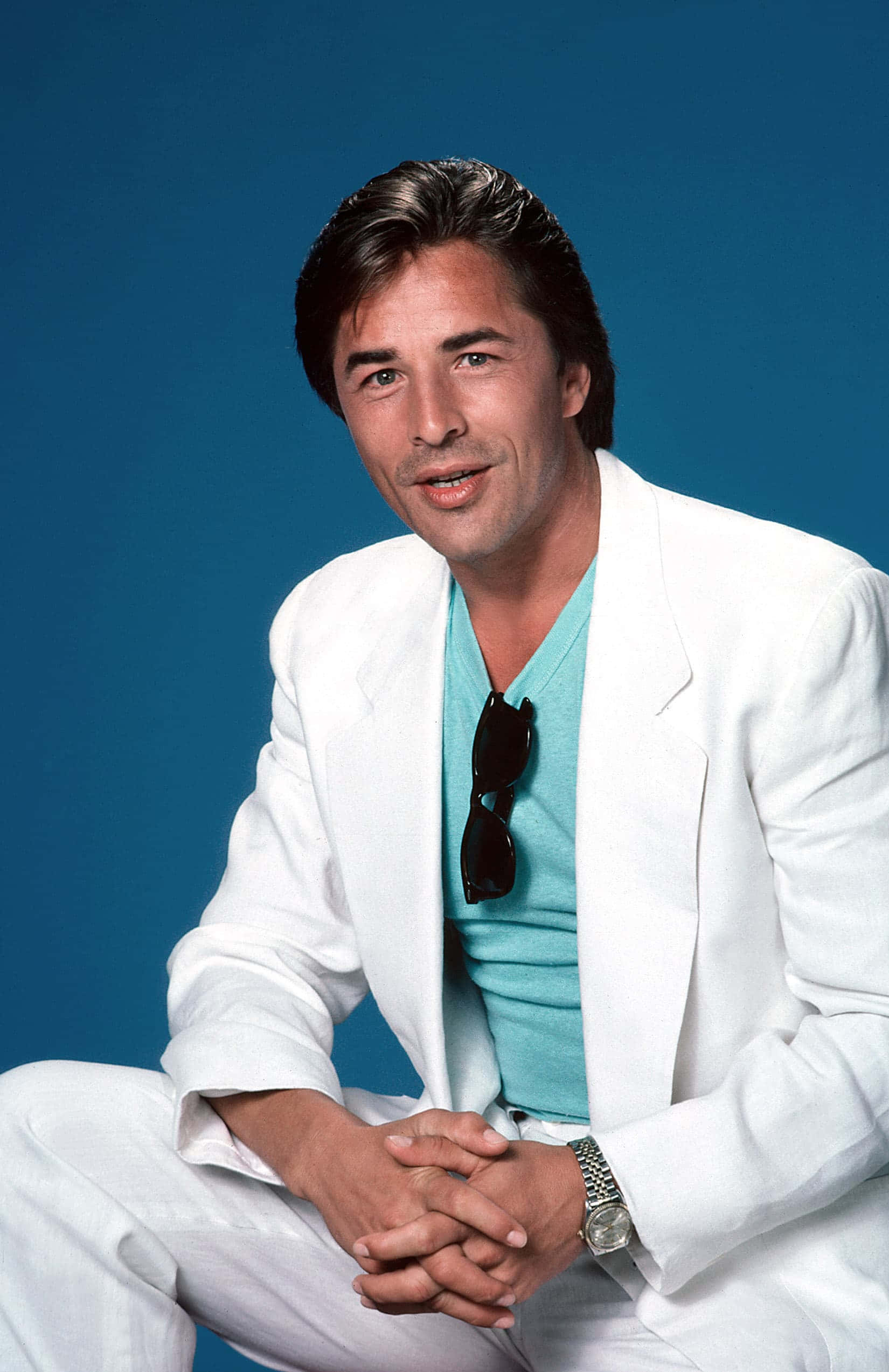 Don Johnson, white suit, teal shirt, Full HD Phone Wallpaper