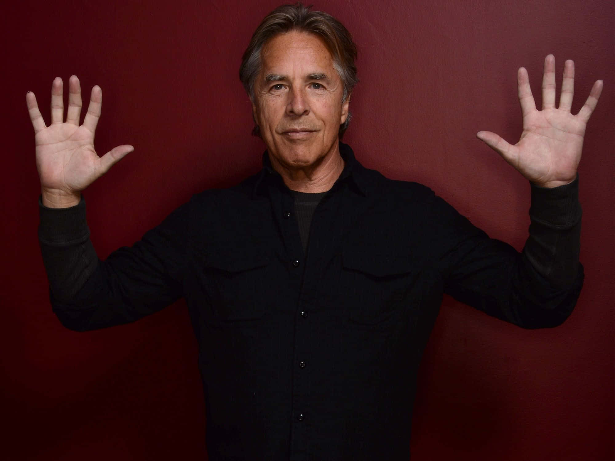 Don Johnson, black shirt, deep red wall, Full HD Desktop Wallpaper