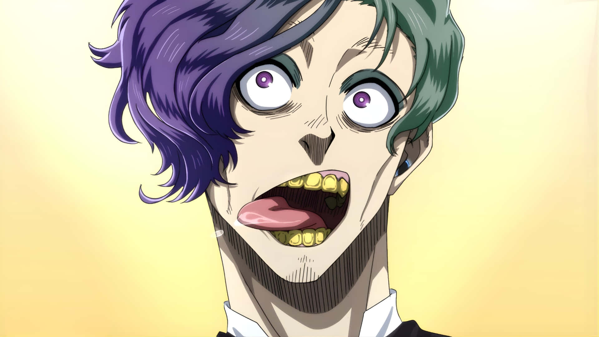 Don Lorenzo, purple and green hair, wide eyes, Full HD Desktop Wallpaper