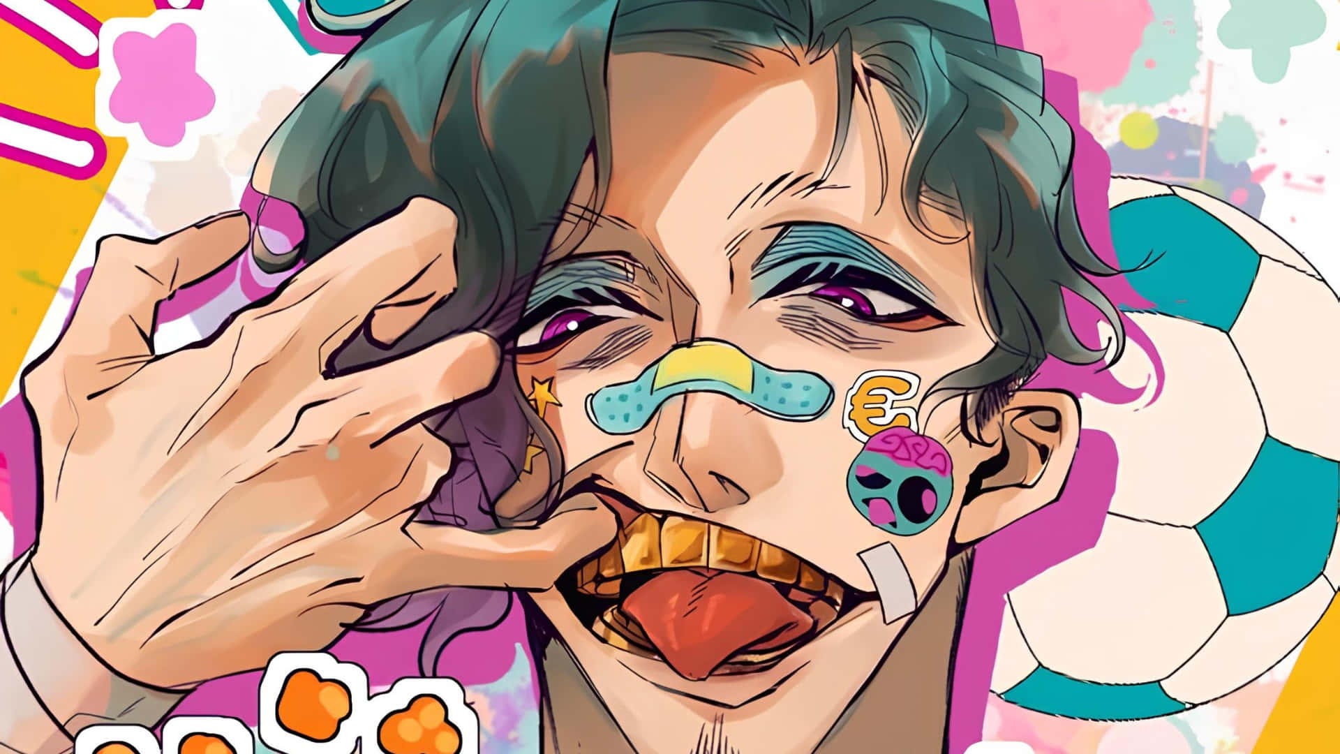 Don Lorenzo, green hair, colorful face stickers, Full HD Desktop Wallpaper