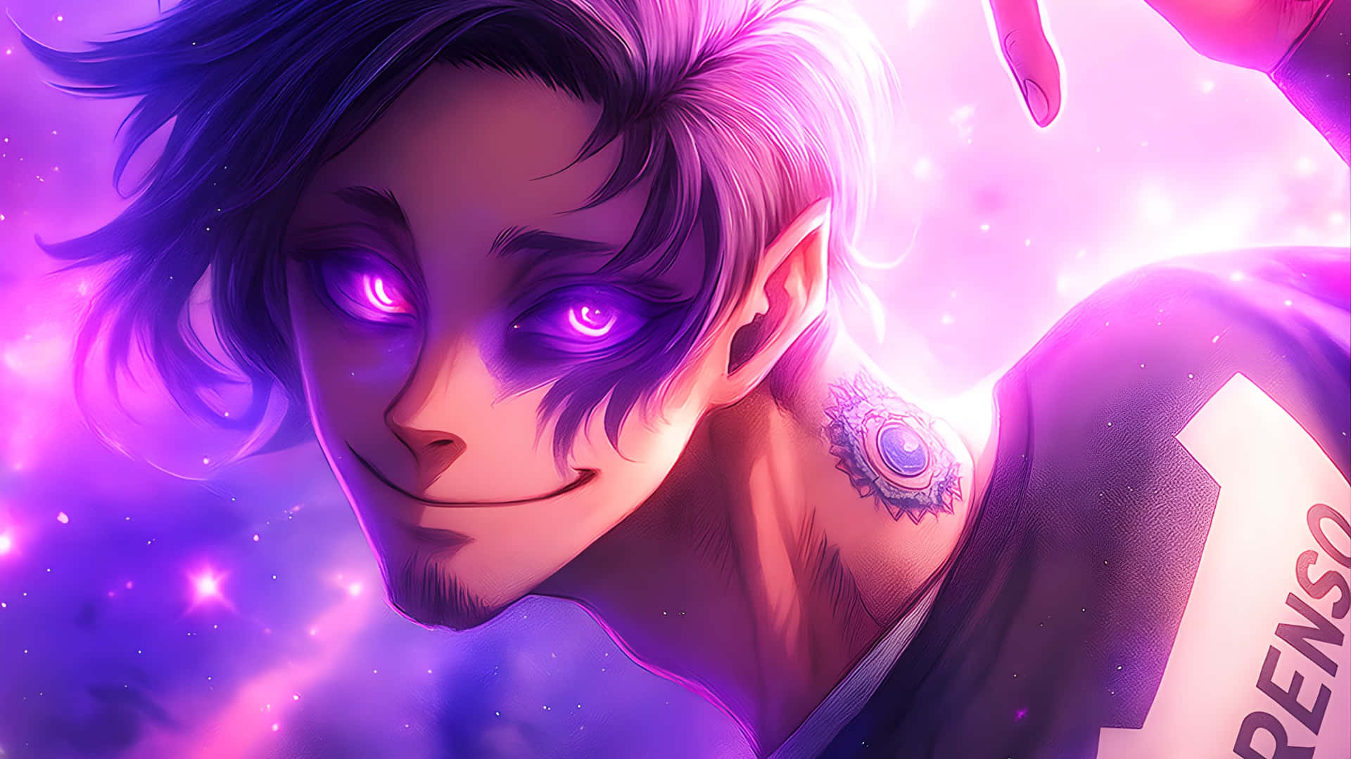 Don Lorenzo, glowing purple eyes, cosmic purple background, Full HD Desktop Wallpaper