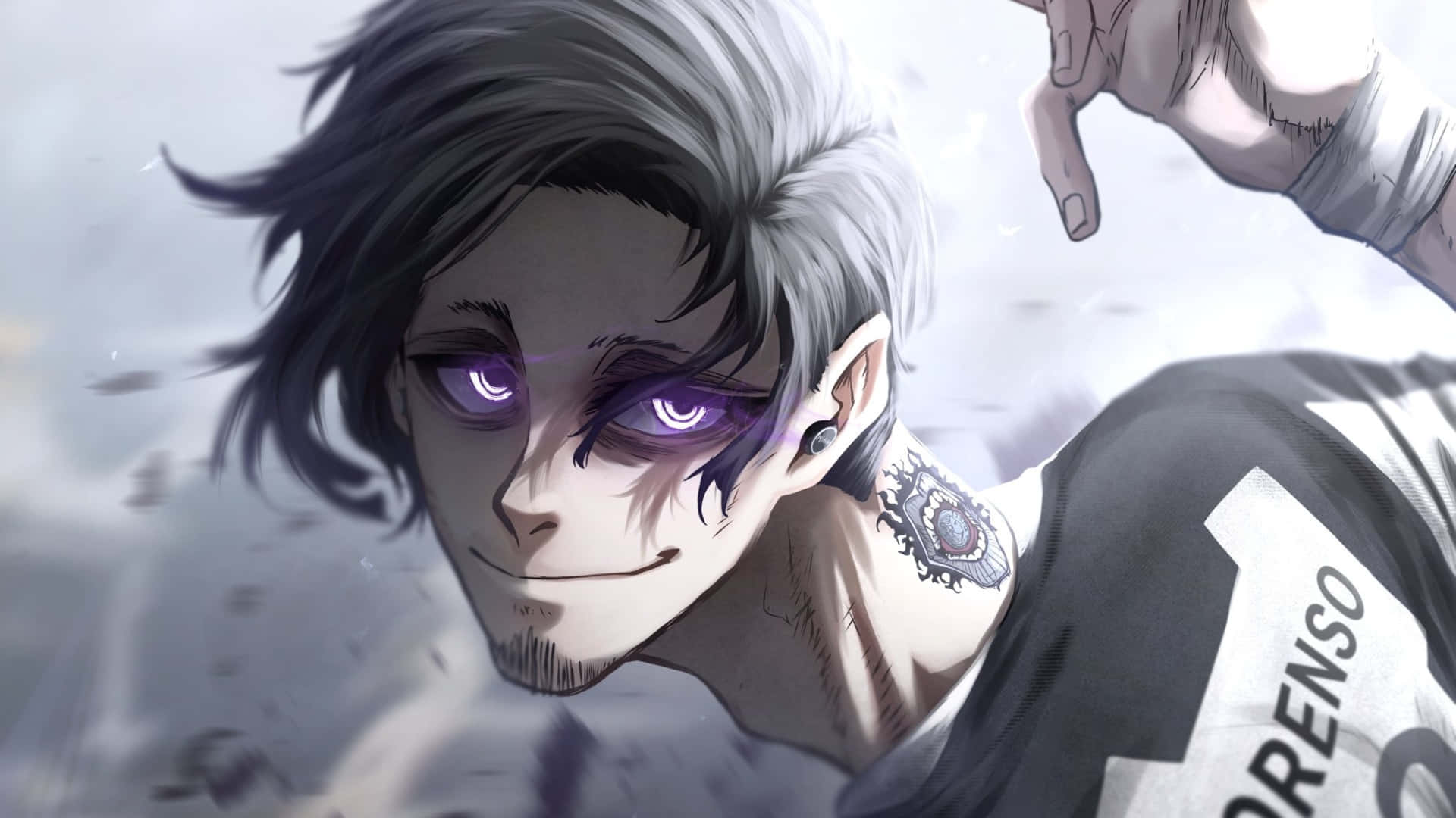 Don Lorenzo, silver hair, glowing purple eyes, Full HD Desktop Wallpaper