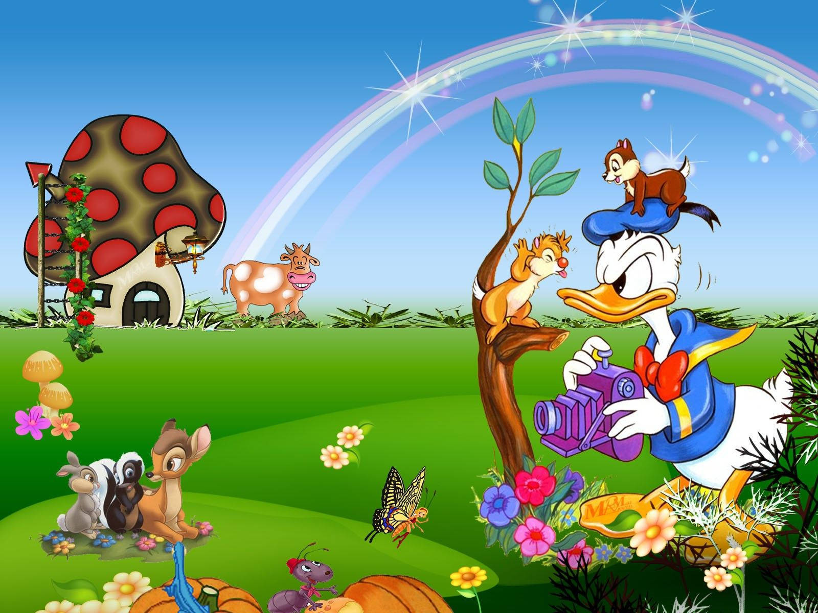 Donald Duck, purple camera, whimsical forest scene, HD Desktop Wallpaper