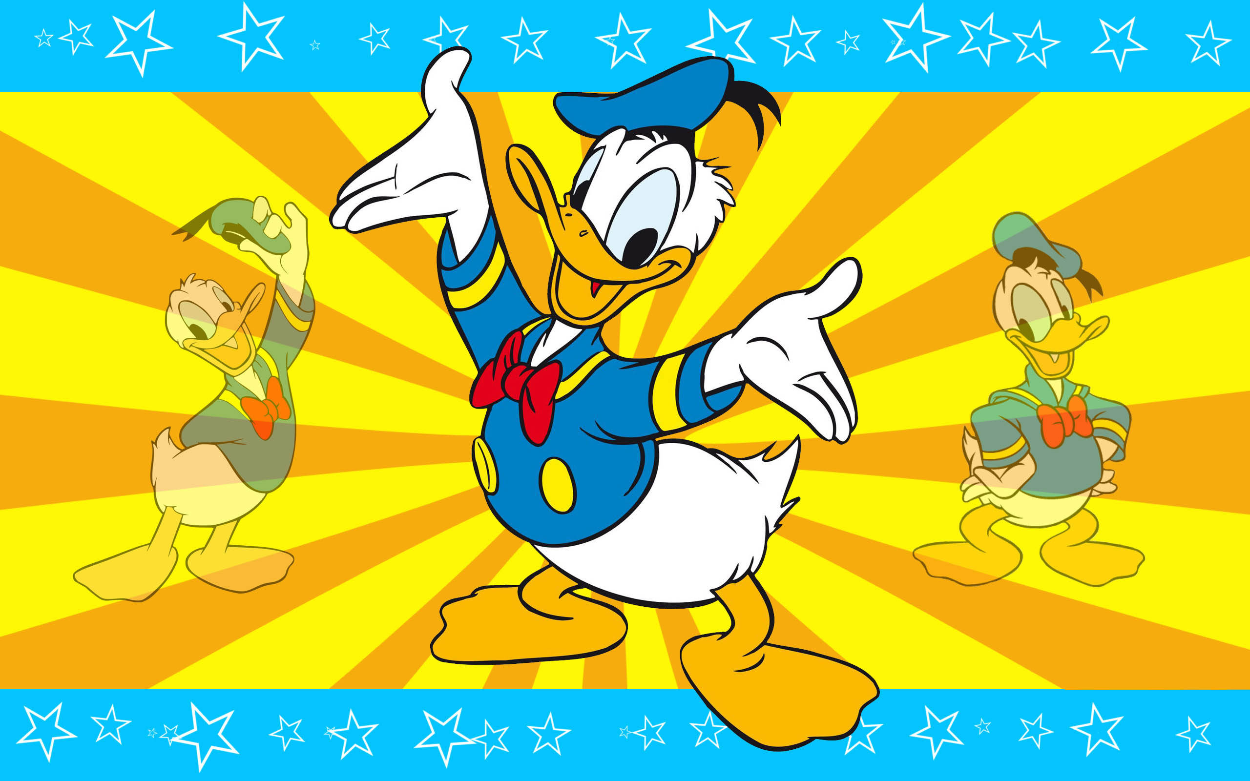Donald Duck, nephews, sunburst yellow background, 2K Desktop Wallpaper