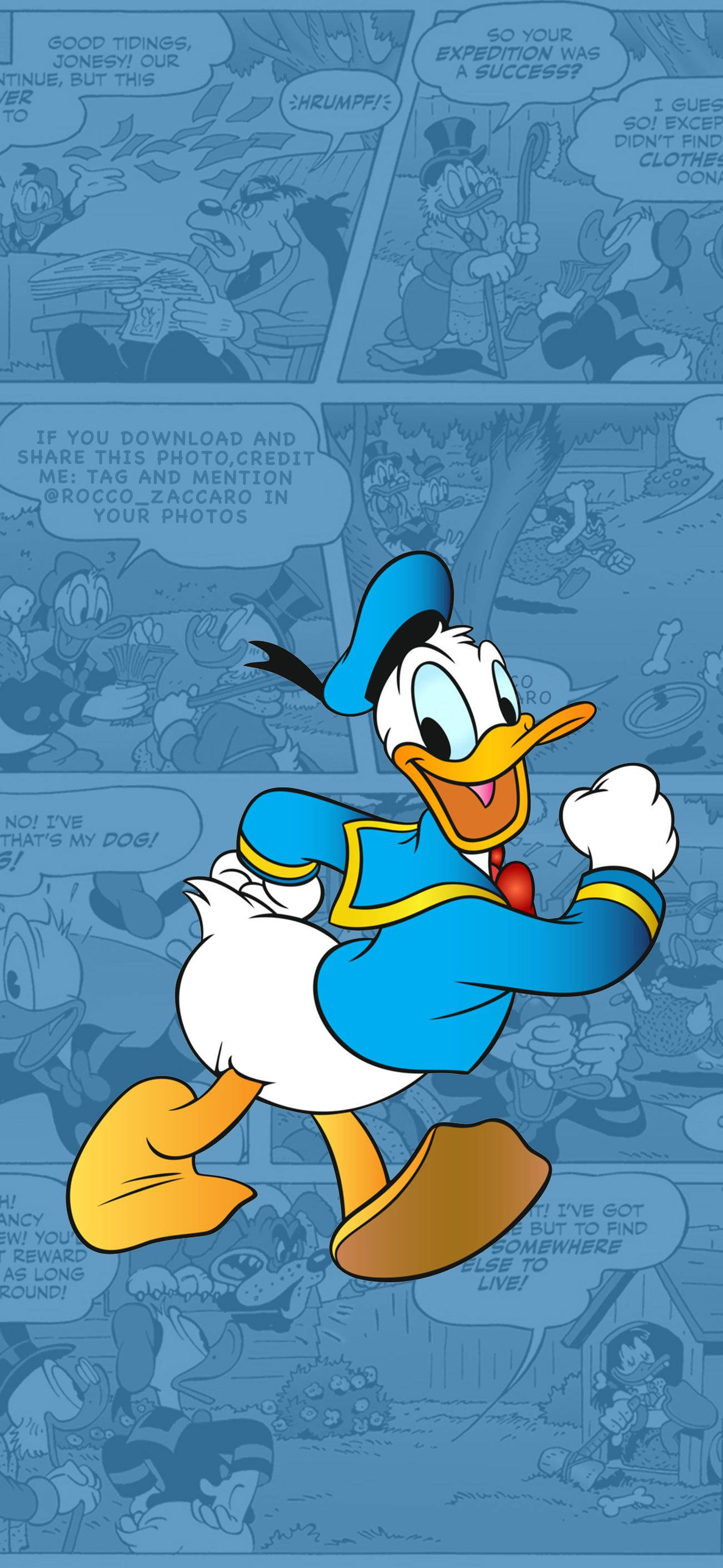 Donald Duck, blue sailor outfit, comic book panel background, 2K Phone Wallpaper
