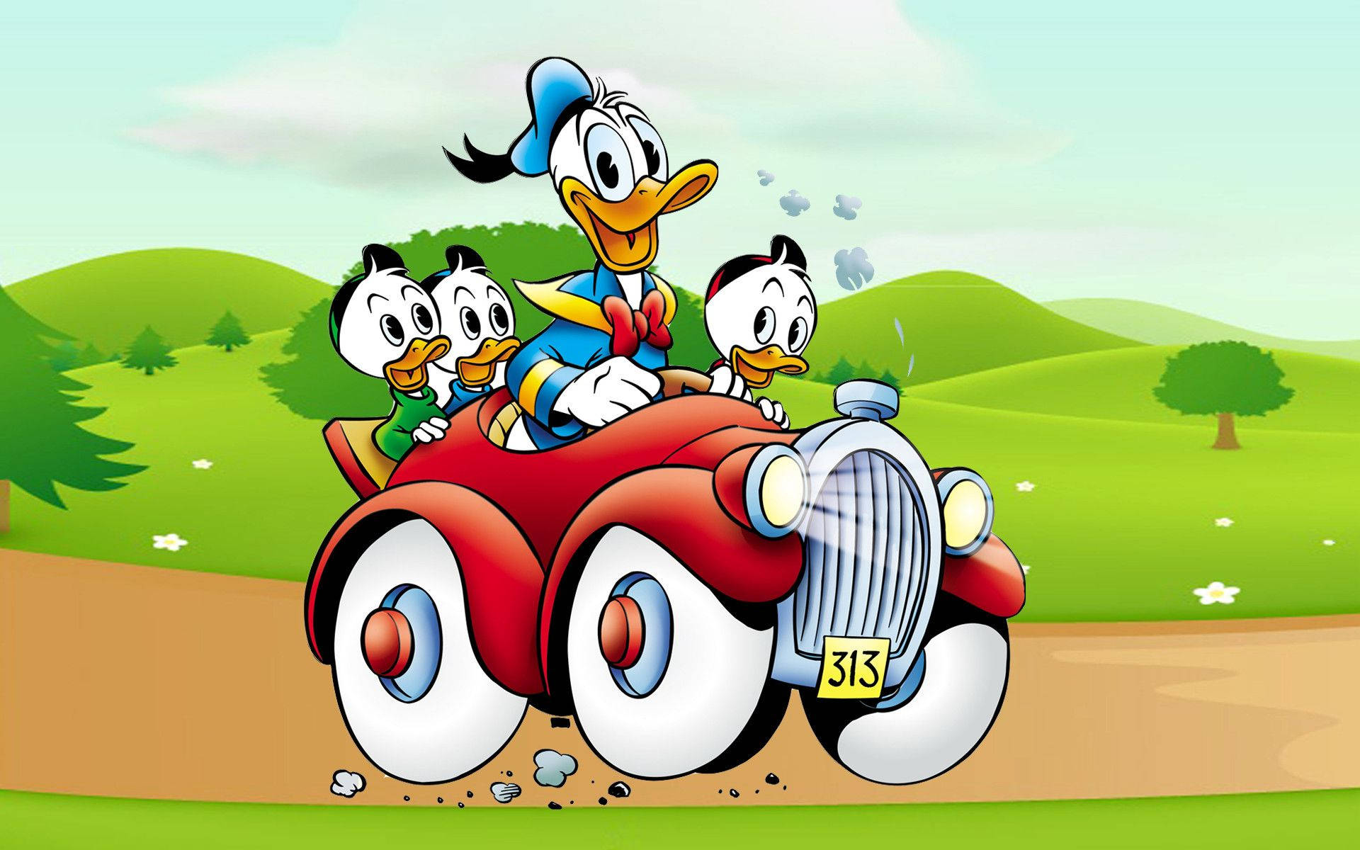 Donald Duck, nephews, red vintage car, Full HD Desktop Wallpaper