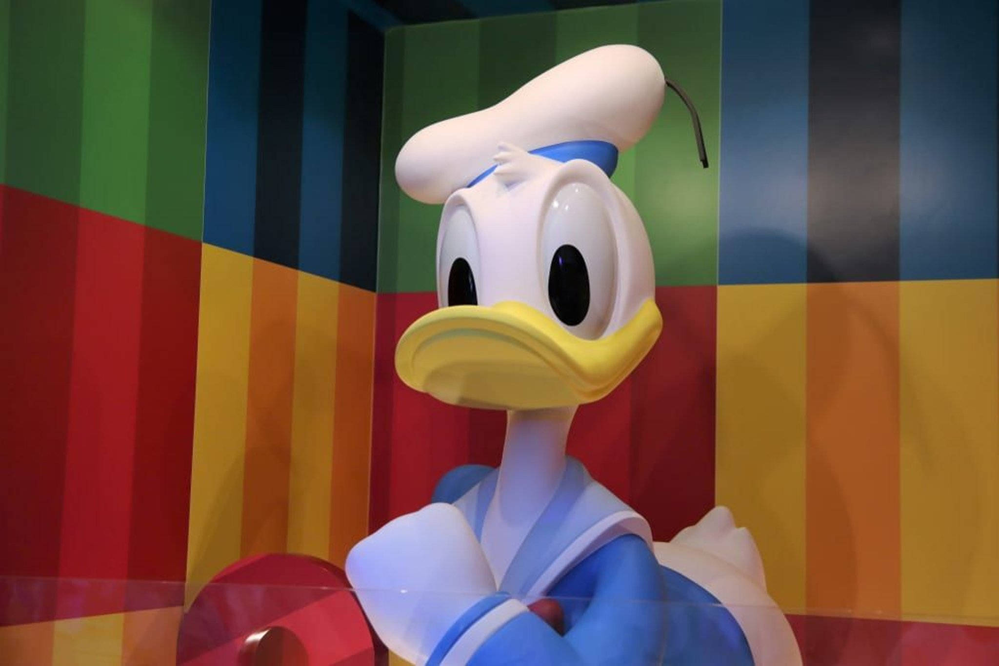 Donald Duck, sailor outfit, vibrant multicolored striped wall, Full HD Desktop Wallpaper