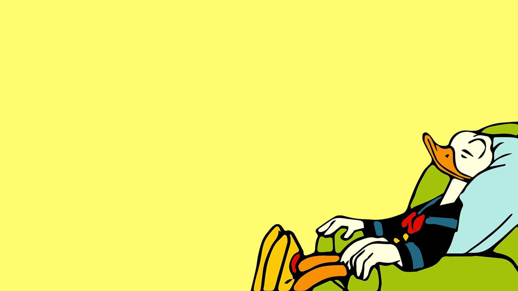 Donald Duck, green couch, solid yellow background, Full HD Desktop Wallpaper