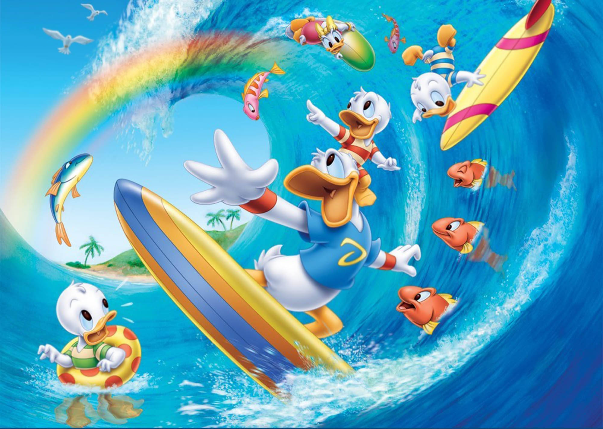 Donald Duck, nephews, ocean wave, Full HD Desktop Wallpaper
