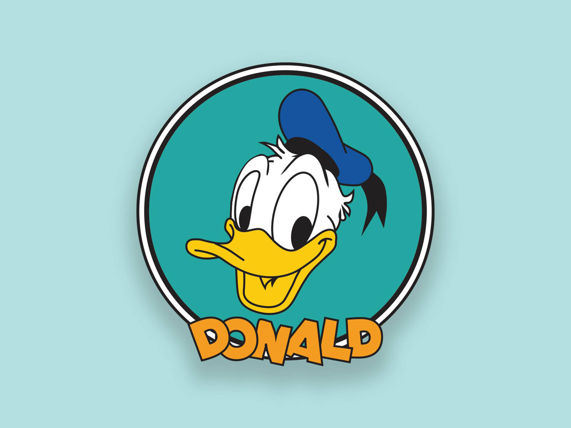 Donald Duck, teal circle, orange name text, Full HD Desktop Wallpaper