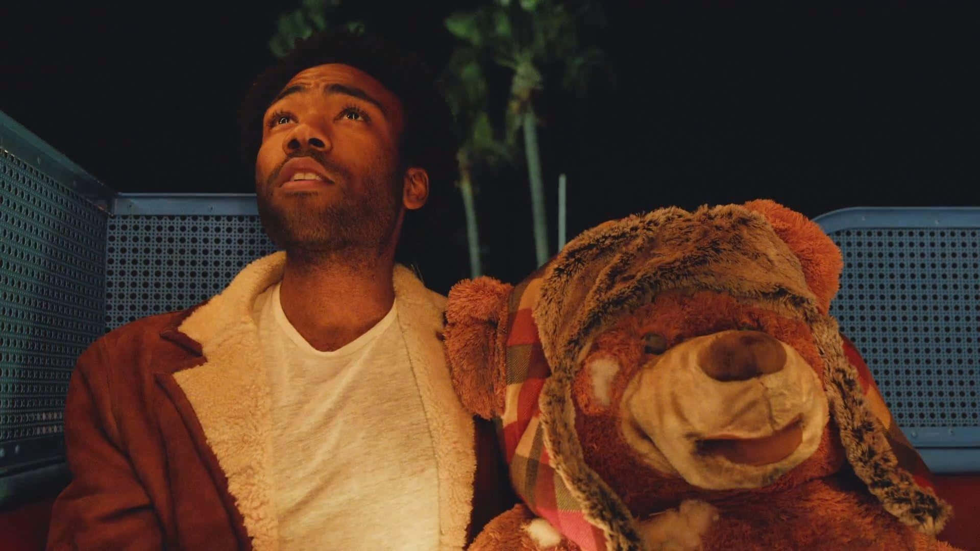 Donald Glover, brown shearling jacket, large worn teddy bear, Full HD Desktop Wallpaper